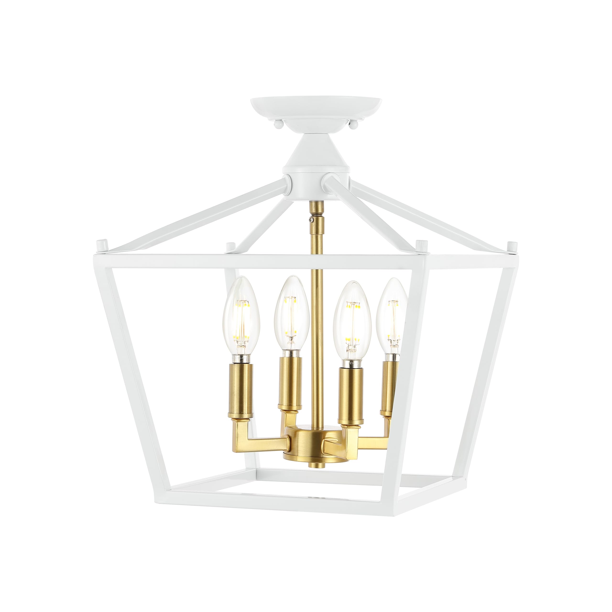 Mini Lantern 12" 4-Light Iron Modern Farmhouse LED Flush Mount, Rustic, Industrial, Dimmable, 2700K Cozy Warm Light Kitchen, Hallway, Bathroom, Stairwell, Brass Gold