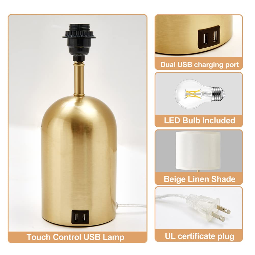 Touch Control Table Lamps Set of 2, Bedside Table Lamps for Bedrooms Set of 2 Modern Living Room 3 Way Dimmable Gold Bedside Lamp for End Table with 2 USB Charging Ports, 2 Bulbs Included