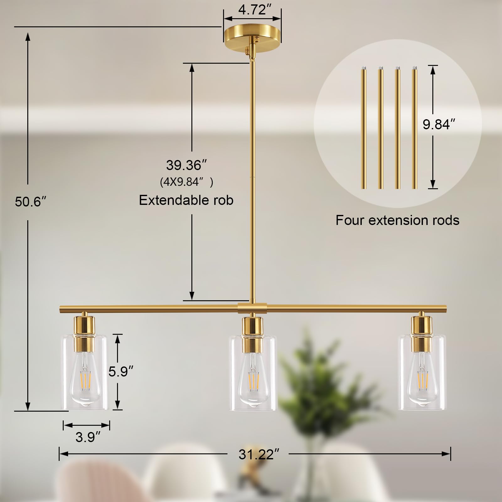 Kitchen Island Lighting, 3 Lights Linear Chandeliers Rectangle Pendant Light Fixtures for Dining Room Farmhouse Hanging Light with Glass Shades Hanging Lights - Gold