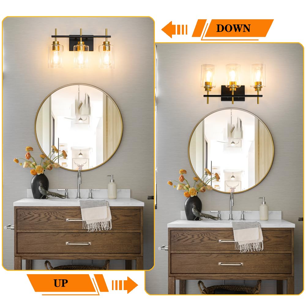 Black and Gold Wall Sconces Set of Two, Bathroom Sconce Wall Lighting Set of 2,Modern Glass Bathroom Wall Light, Wall Mounted Light for Bedroom Living Room Hallway