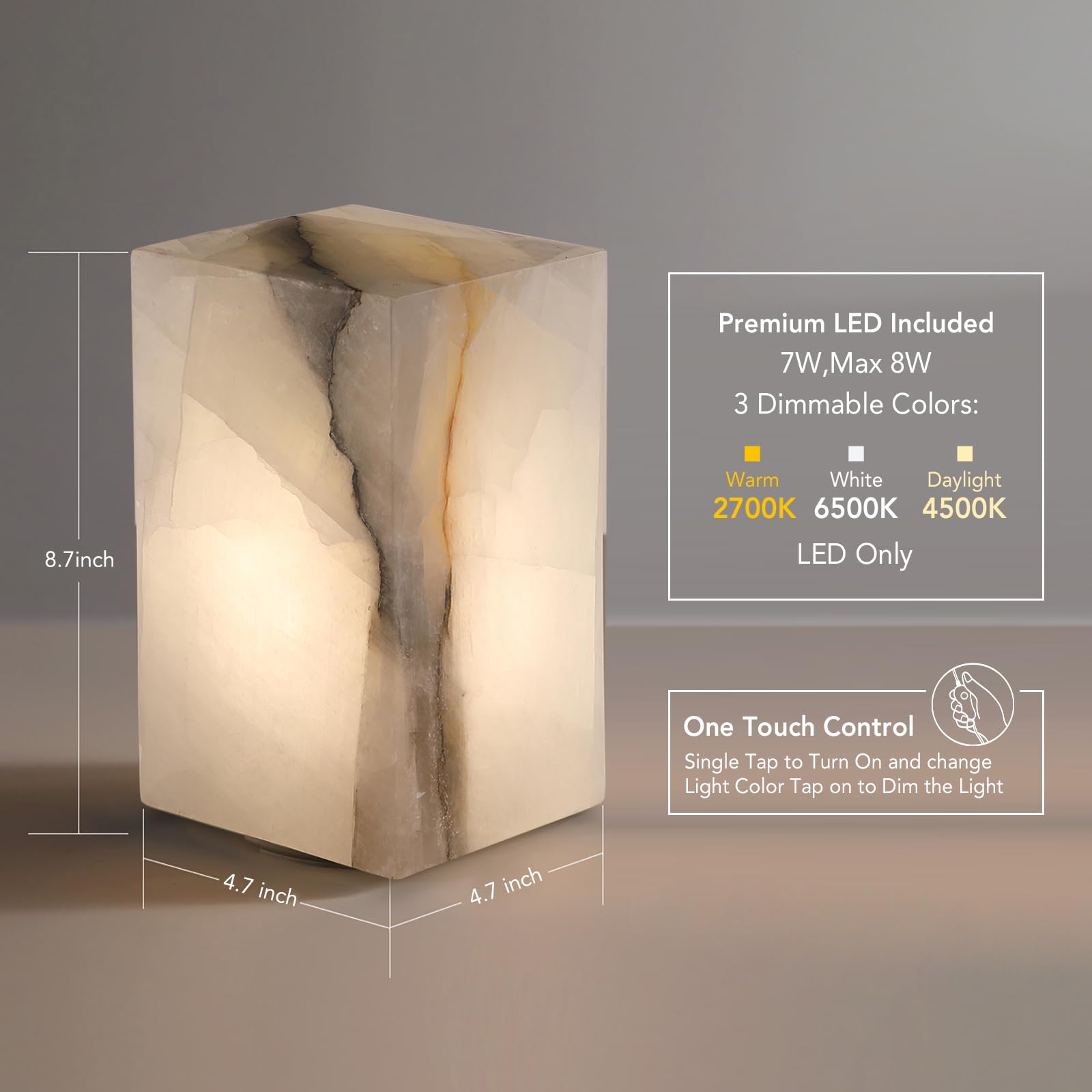 Natural Solid Stone Table Lamp with One-of-a-Kind Crystal Texture, Small Accent Lamp with 3 Colors Dimmable LED, Unique Lamp for Bedroom Living Room, Cuboid White