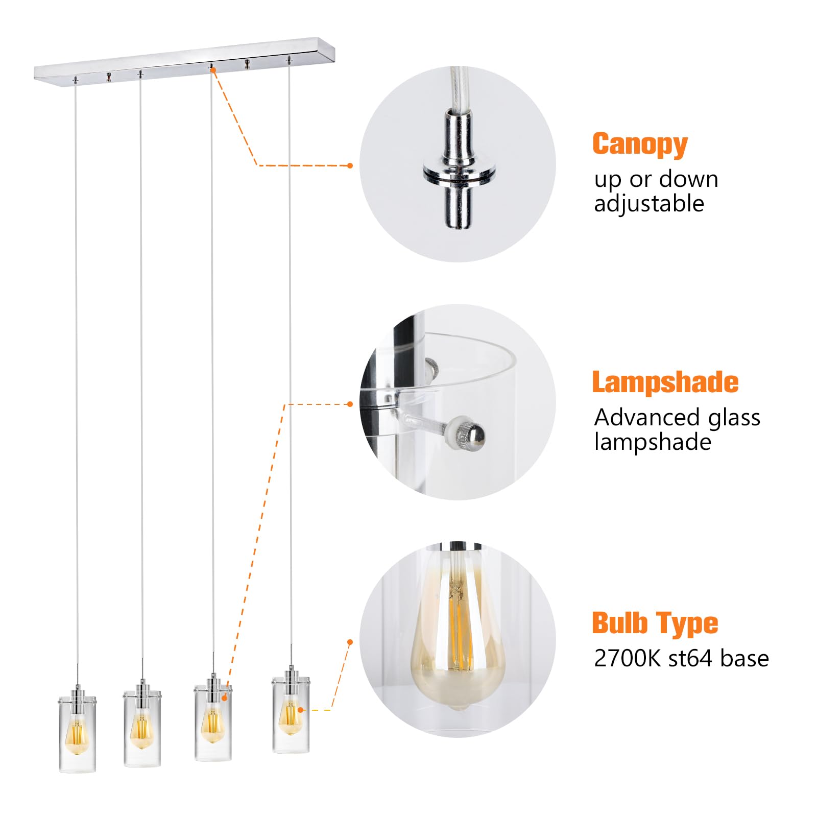 Pendant Lights Kitchen Island, 30W (5 x 6W) 5-Light Pendant Lighting Fixture with Clear Glass Shade, Adjustable Cord Ceiling Hanging Light Brushed Nickel Pendant Light Fixtures