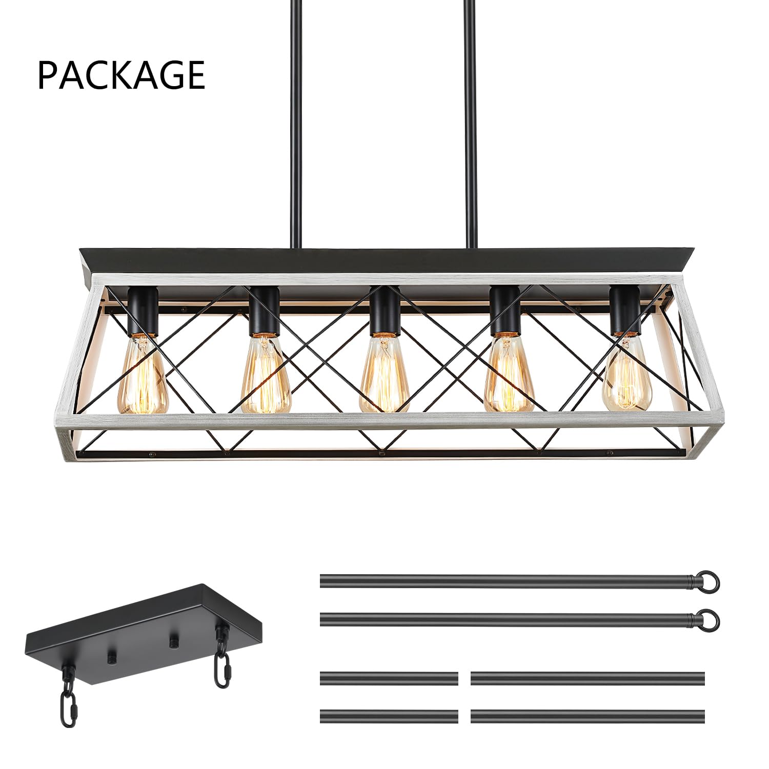 5-Light Farmhouse Pendant Light for Dining Room, Rustic Kitchen Island Lighting, Adjustable Height Chandeliers for Kitchen, Dining Room Table Black