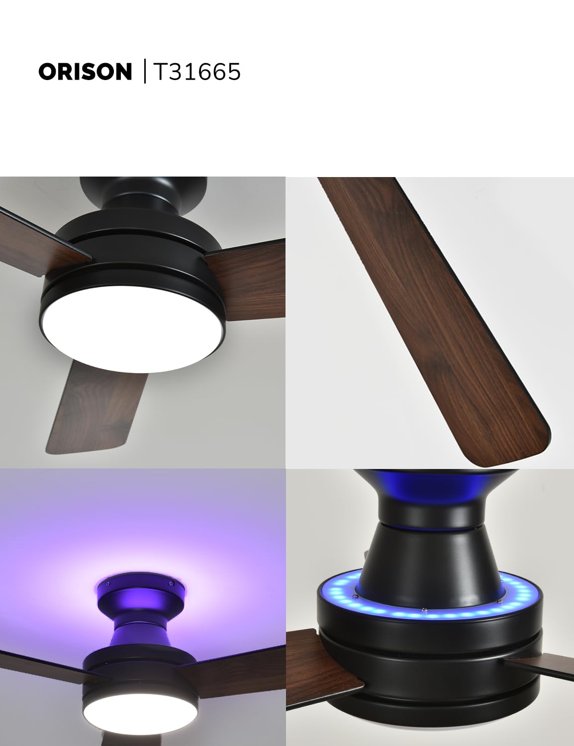 Orison Ceiling Fans with Lights, 42 inch Low Profile Ceiling Fan with RGB Backlight, Flush Mount Ceiling Fan with Remote and App Control, Black Ceiling Fan for Bedroom, 6 Speeds, 3 Reversible Blades