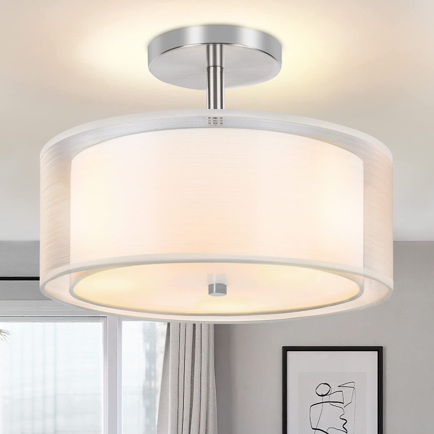 3-Light Semi Flush Mount Ceiling Light Fixture - Easric Modern Light Fixtures Ceiling Mount Drum Light Fixture with Double Fabric Shade Closed to Ceiling Lamp for Bedroom Kitchen Hallway Foyer, White