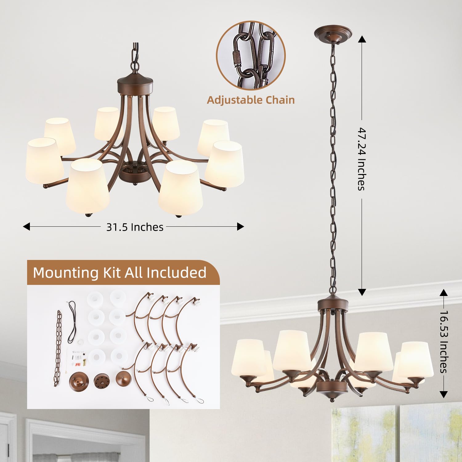 8-Light Large Rustic Chandeliers with Frosted Milky White Glass, Classic 30”Pendant Ceiling Light, Oil Rubbed Bronze Durable Metal Hanging Fixture for Dining Room, Living Room, Kitchen, Farmhouse