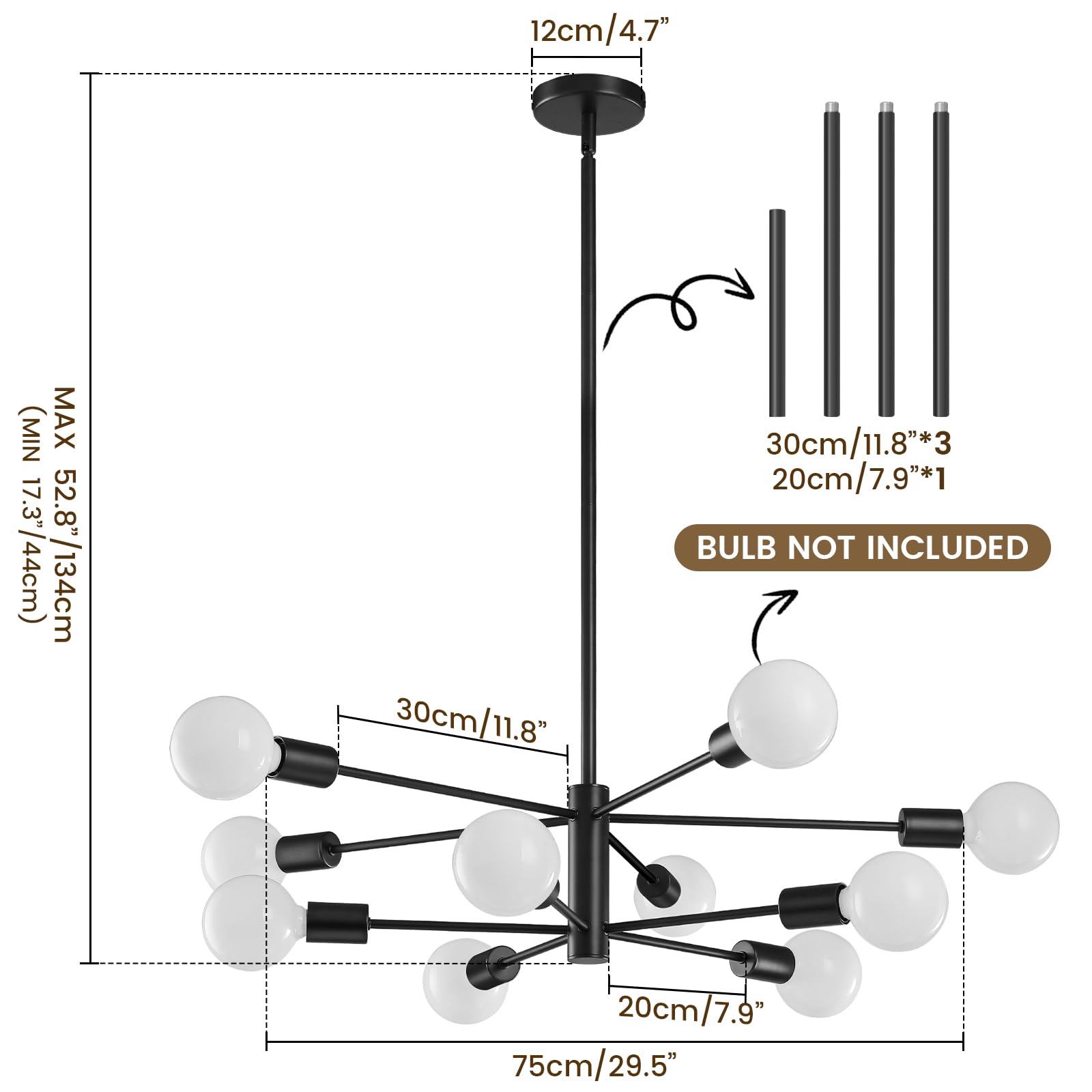 Sputnik Chandelier Modern Gold Chandelier 6-Light E26 Mid Century Ceiling Light Fixture Height Adjustable Hanging Pendant Lighting for Dining Room Kitchen Island Bedroom Office