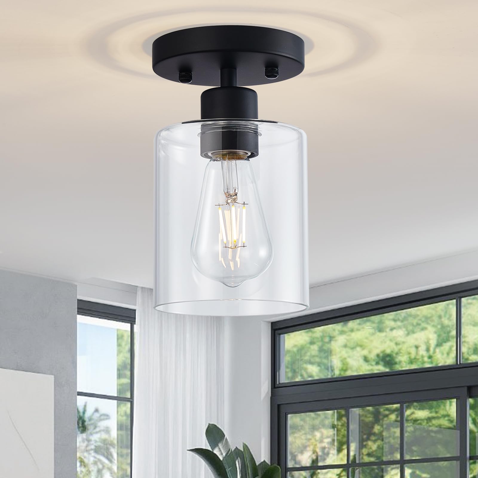 6 Light Semi Flush Mount Ceiling Light, Kitchen Lighting Fixtures Ceiling, Industrial Black Ceiling Light Fixtures with Clear Glass Shade for Hallway, Foyer, Farmhouse, Bedroom, Living Room