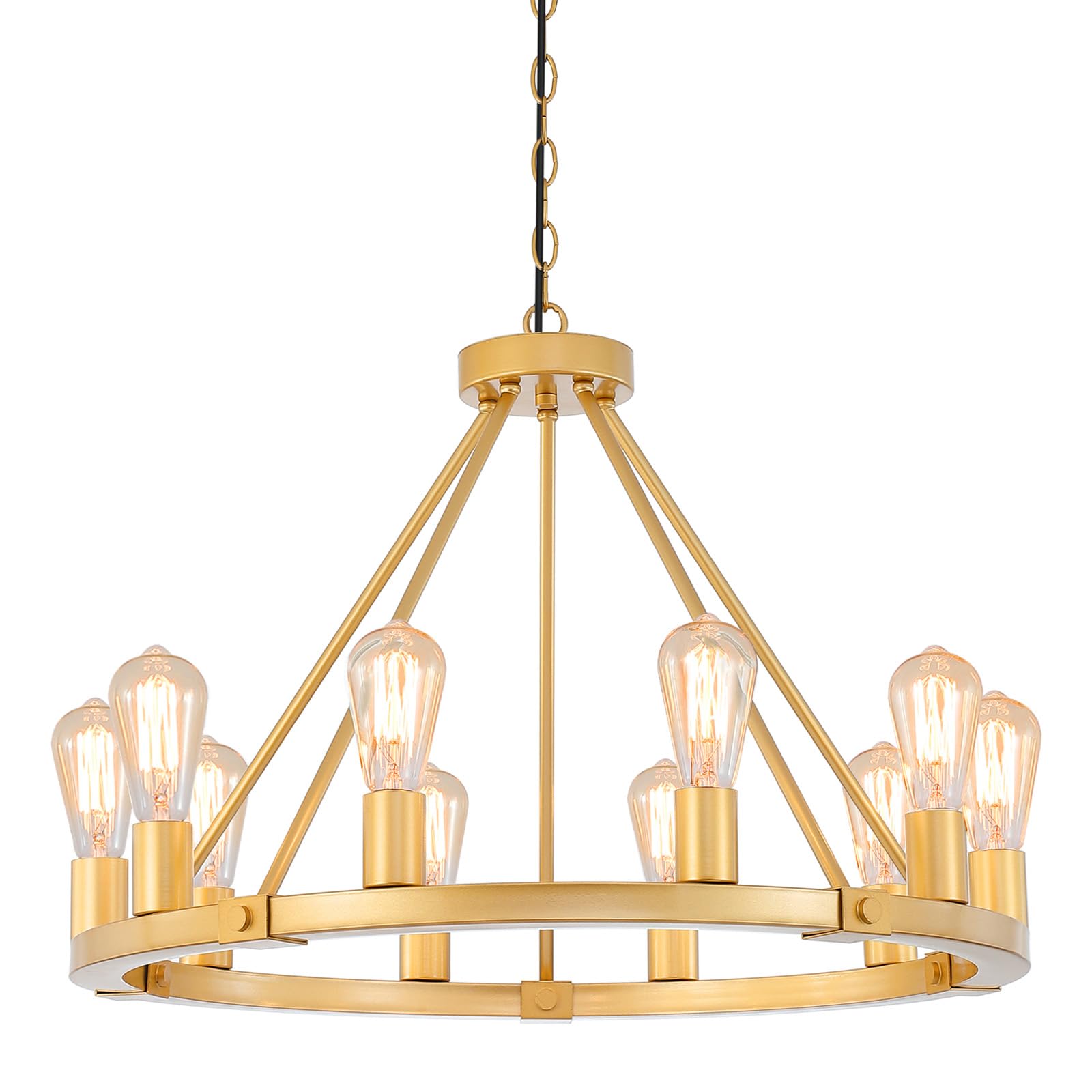 Gold Wagon Wheel Chandelier, 12-Light Industrial Pendant Light, 31.5'' Farmhouse Ceiling Hanging Chandelier Light Fixture for Living Room, Bedroom, Entryway, Foyer