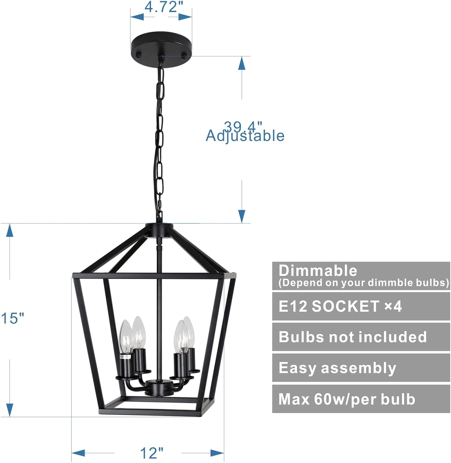 4-Light Lantern Pendant Light,Modern Industrial Black Cage Farmhouse Chandelier for Kitchen Island,12'' Rustic Metal Hanging Lighting Fixture for Dining Room Bedroom Foyer Entry Porch