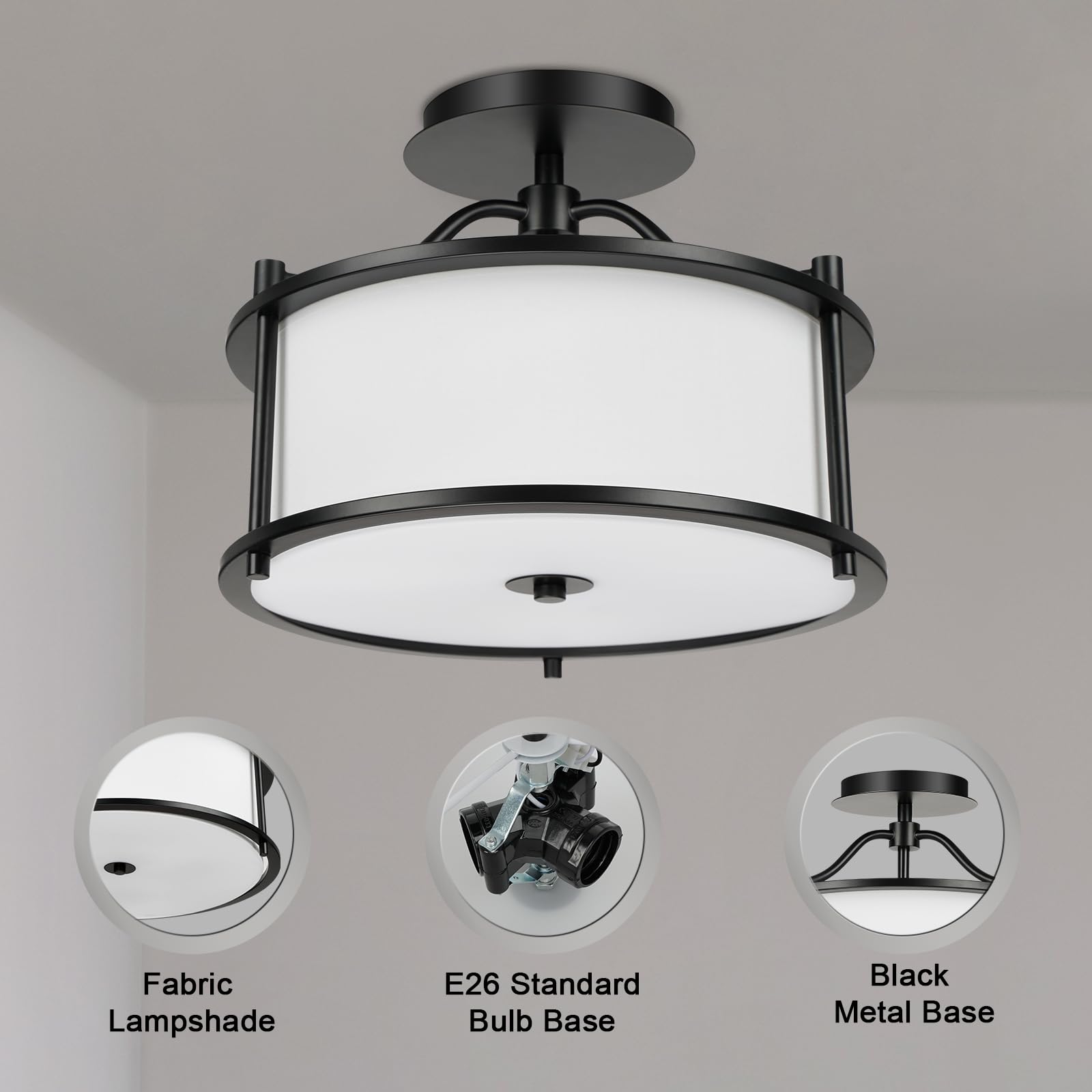 4 Light Semi Flush Mount Ceiling Light 15.7 Inches Light Fixture with Metal Frame Fabric Shade Modern Ceiling Light for Living Room Bedroom Kitchen Dining Room Entryway Hallway