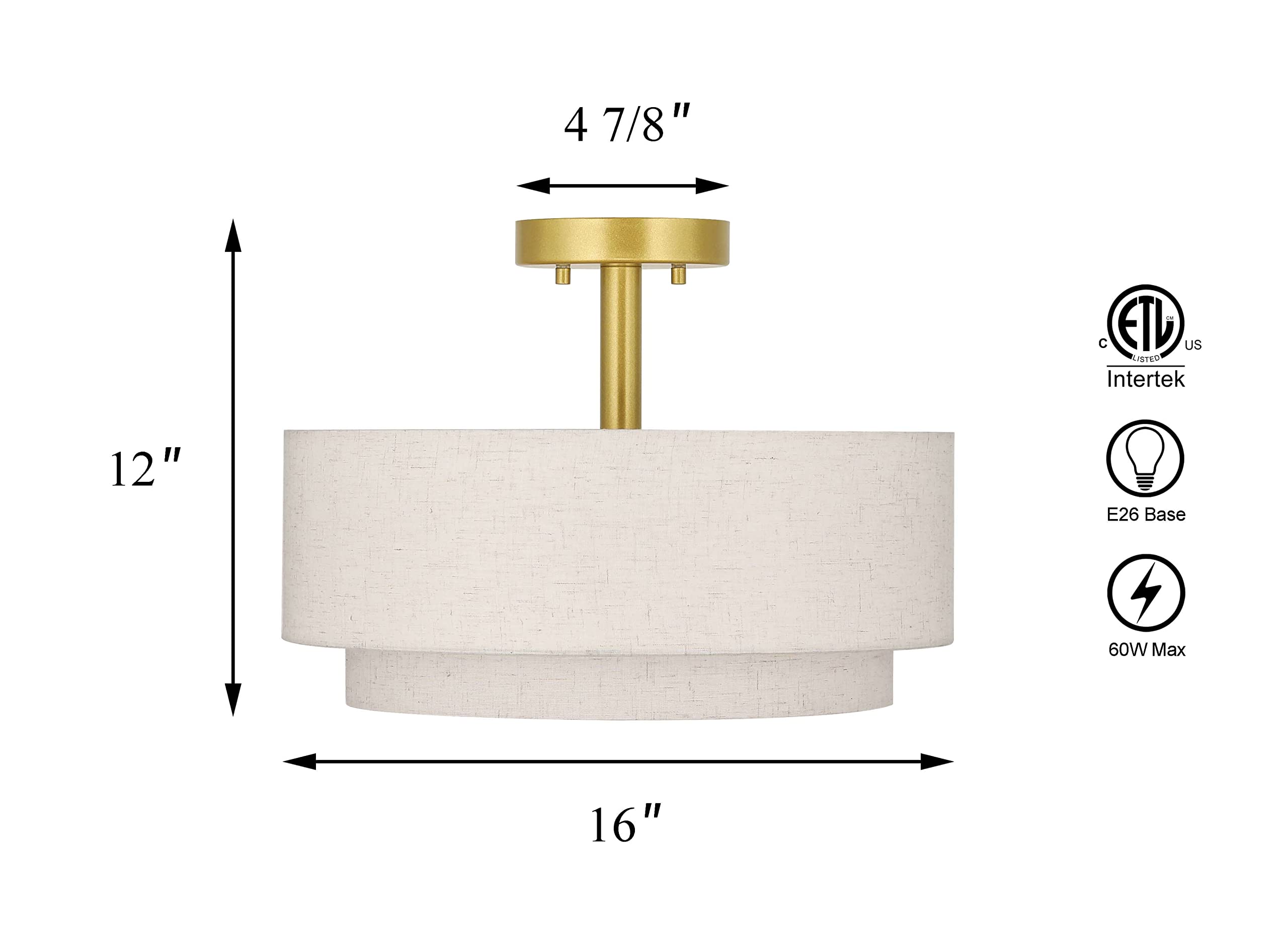 Lighting 3 Light Semi Flush Mount Light, Close to Ceiling Light Fixture with Fabric Shade Retro Gold Brass 16 inch Semi Flush Drum Light for Bedroom & Living Room XB-SF1289-GB