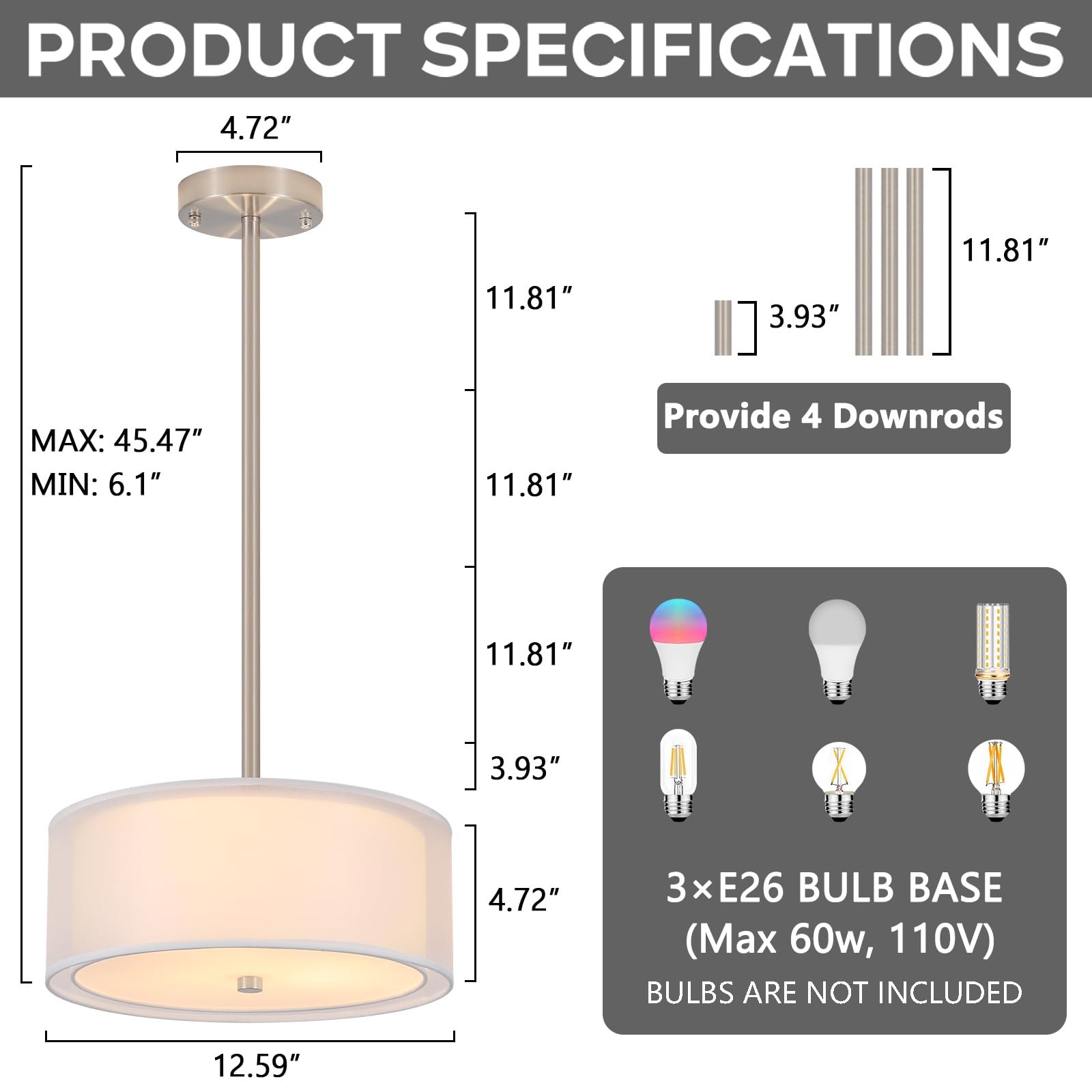 3-Light Double Fabric Drum Ceiling Light Fixture, 12.59 Inches Simple Semi Flush Mount Ceiling Lights with Double Fabric Shade, Modern Close to Ceiling Lights for Bedroom, Hallway E26 60W