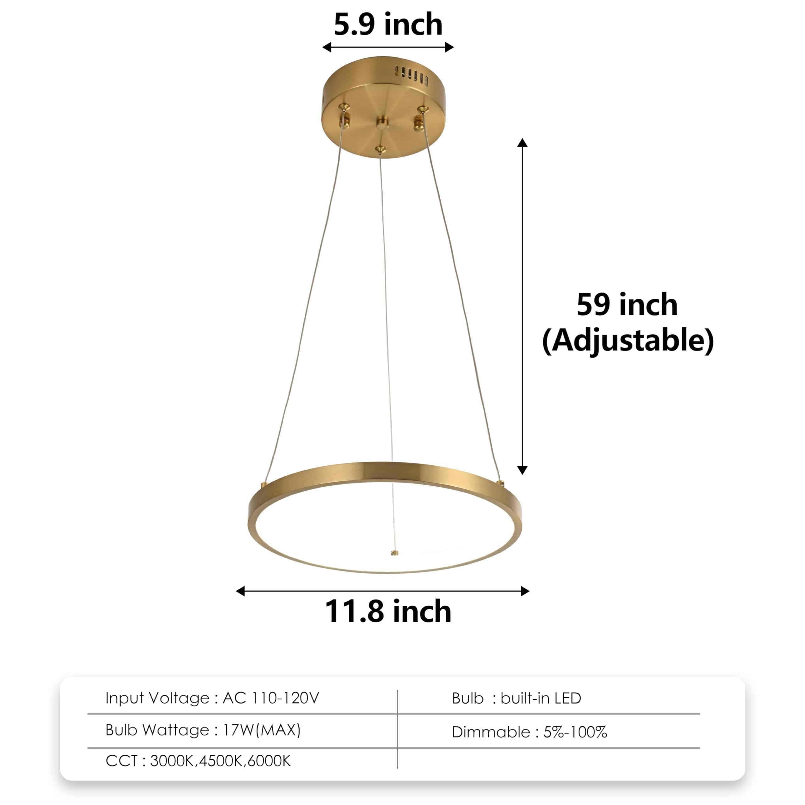 Modern LED Chandelier Contemporary Pendant Lighting Ring Light Fixture Gold with 4000K and 59in Height Adjustable Hanging Lamp for Kitchen Island Hallway Foyer Closet Corridor