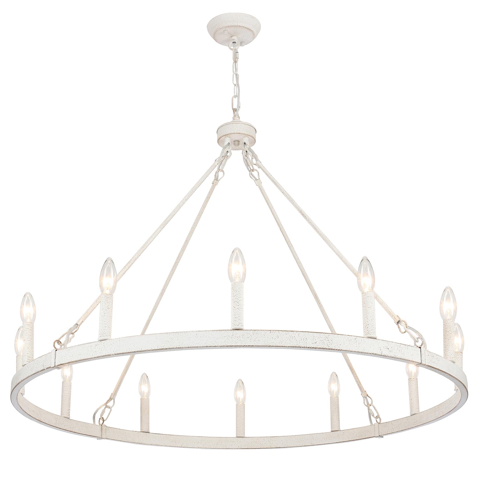 White Wagon Wheel Chandelier 38 Inch, 12-Light Farmhouse Wagon Wheel Chandeliers for Dining Room Light Fixture Round Large White Chandeliers for High Ceilings Living Room Kitchen Entryway