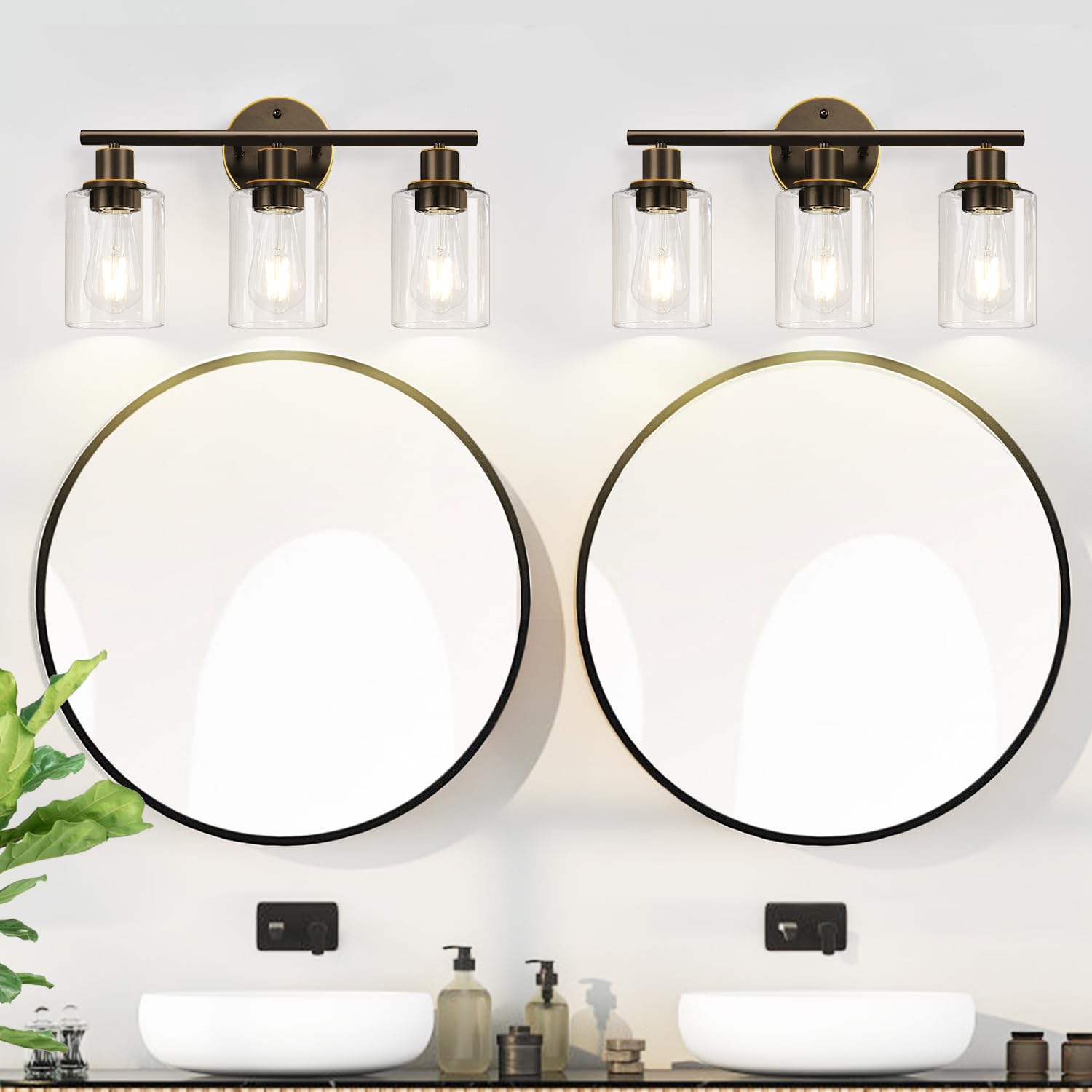 3-Light Bathroom Light Fixtures, Black Modern Vanity Lights with Clear Glass Shade, Bathroom Wall Lamp for Mirror Kitchen Living Room Hallway Cabinet Porch