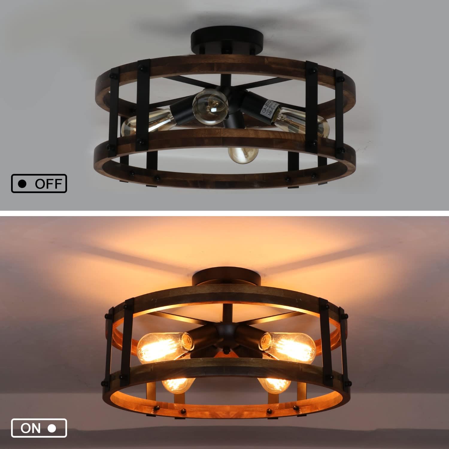 Semi Flush Mount Ceiling Light Fixture, Modern Farmhouse Wood Drum Ceiling Lamp, Rustic Close to Ceiling Lighting for Hallway Entryway Laundry Room Bedroom