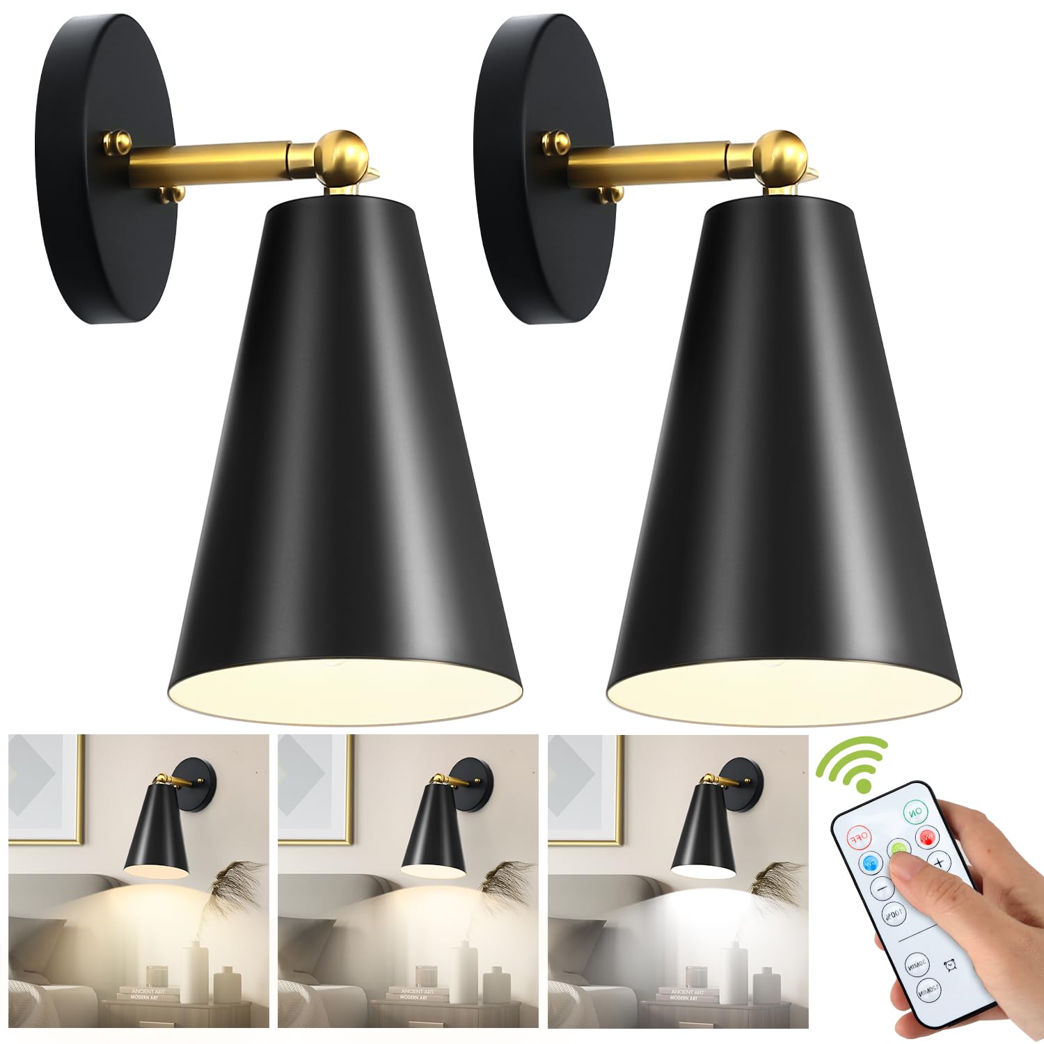 Wood Battery Operated Wall Sconce, IR Remote Control Battery Operated Sconces, Matte Black Battery Operated Wall Sconce, Wall Lights Battery Operated for Bedrooms, Living Room