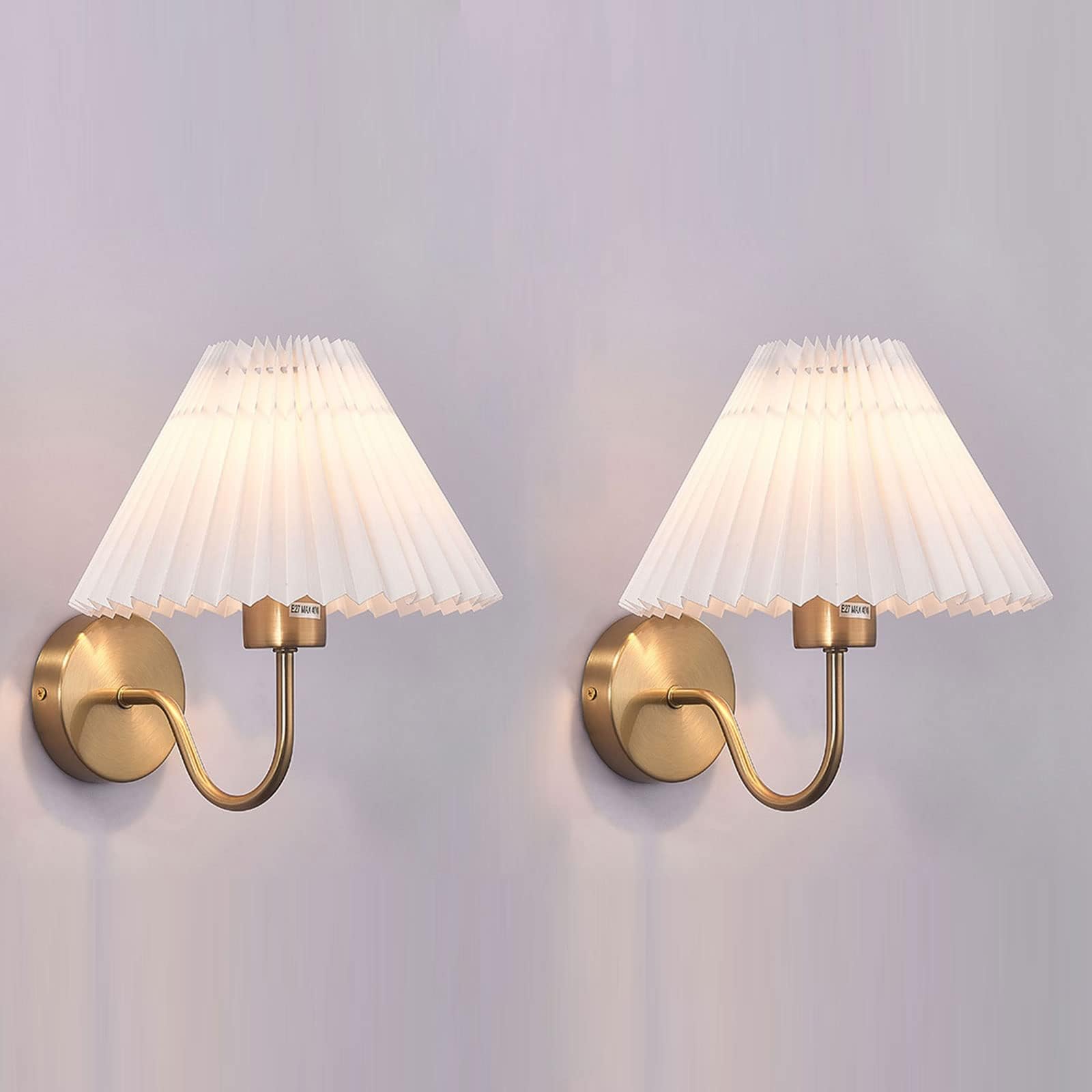 Gold Wall Sconces Sets of 2, Pleated Fabric Wall Lamp Bedside Wall Light Bathroom Dresser Vanity Light Hardwired Wall Lighting for Bedroom Living Room Hallway Kitchen