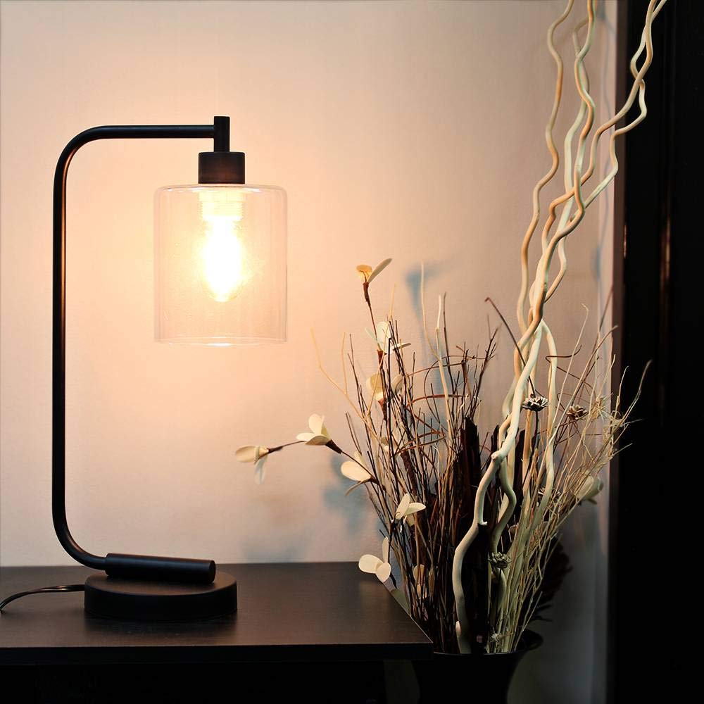 Antique Style Industrial Iron Lantern Desk Bedside Glass Shade Table Lamp, Black