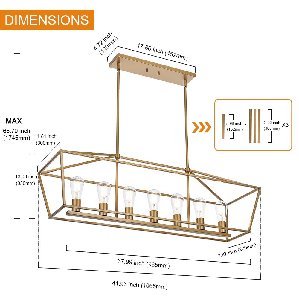 5 Light Modern Kitchen Island Light in Gold Finish,Industrial Hanging Pendant Lighting Fixture with Metal Frame Linear Lantern Chandelier for Dining Room Foyer Cafe Bar