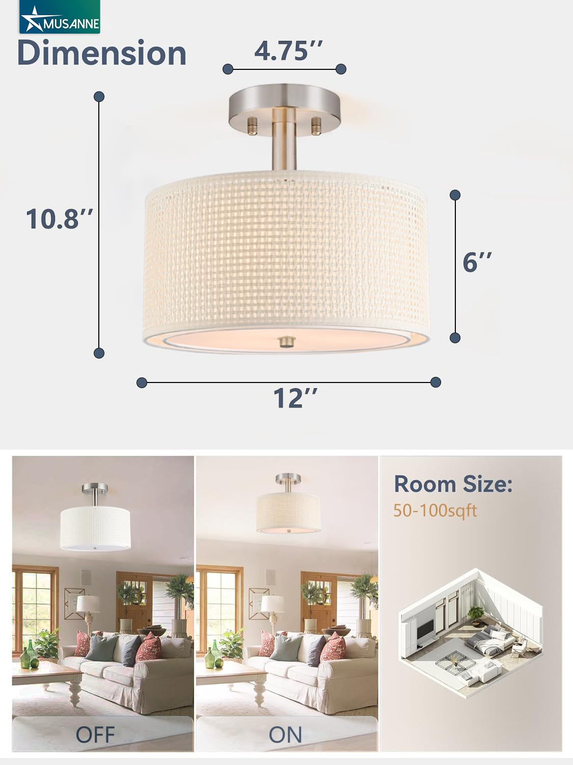 Semi Flush Mount Ceiling Light, Linen Fabric 12'' Drum Ceiling Light Fixture,Modern Gold Brass 3-Light Close to Ceiling Light Fixture for Dining Room Bedroom Living Room Hallway Kitchen