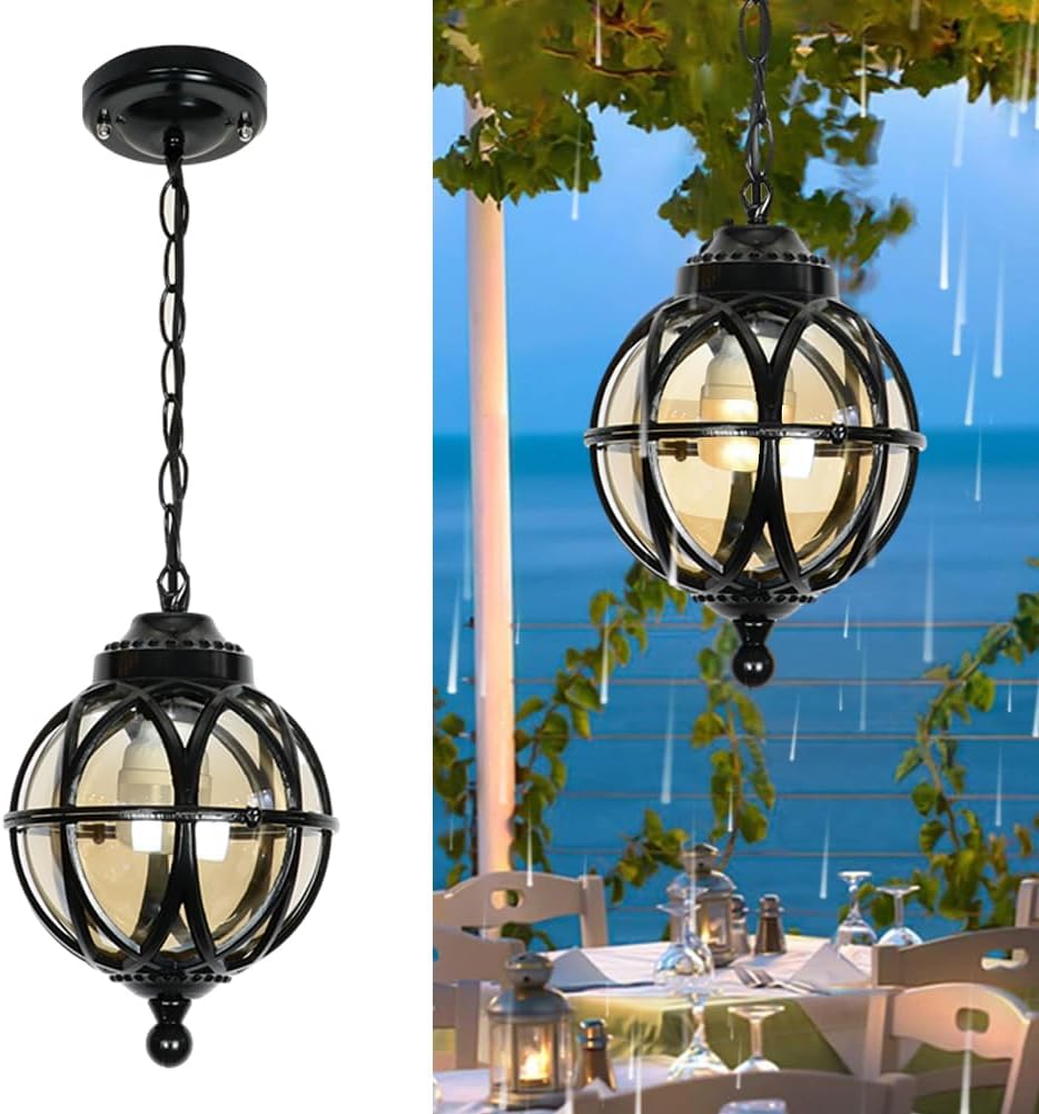 Vintage Ceiling Pendant Light Outdoor Waterproof Hanging Light For Porch, Lantern Glass Aluminum Exterior Retro Chandelier For Porch Patio Farmhouse Entryway (27cm/10.6")