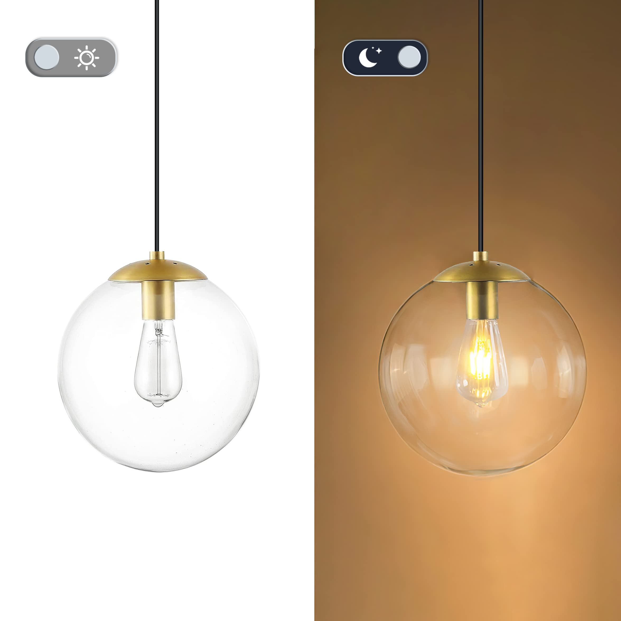 6-inch Mini Modern Globe Pendant Light Clear Glass with Brass Finish Contemporary Mid Century Adjustable Hanging Light Fixture for Living Room Bedroom Kitchen