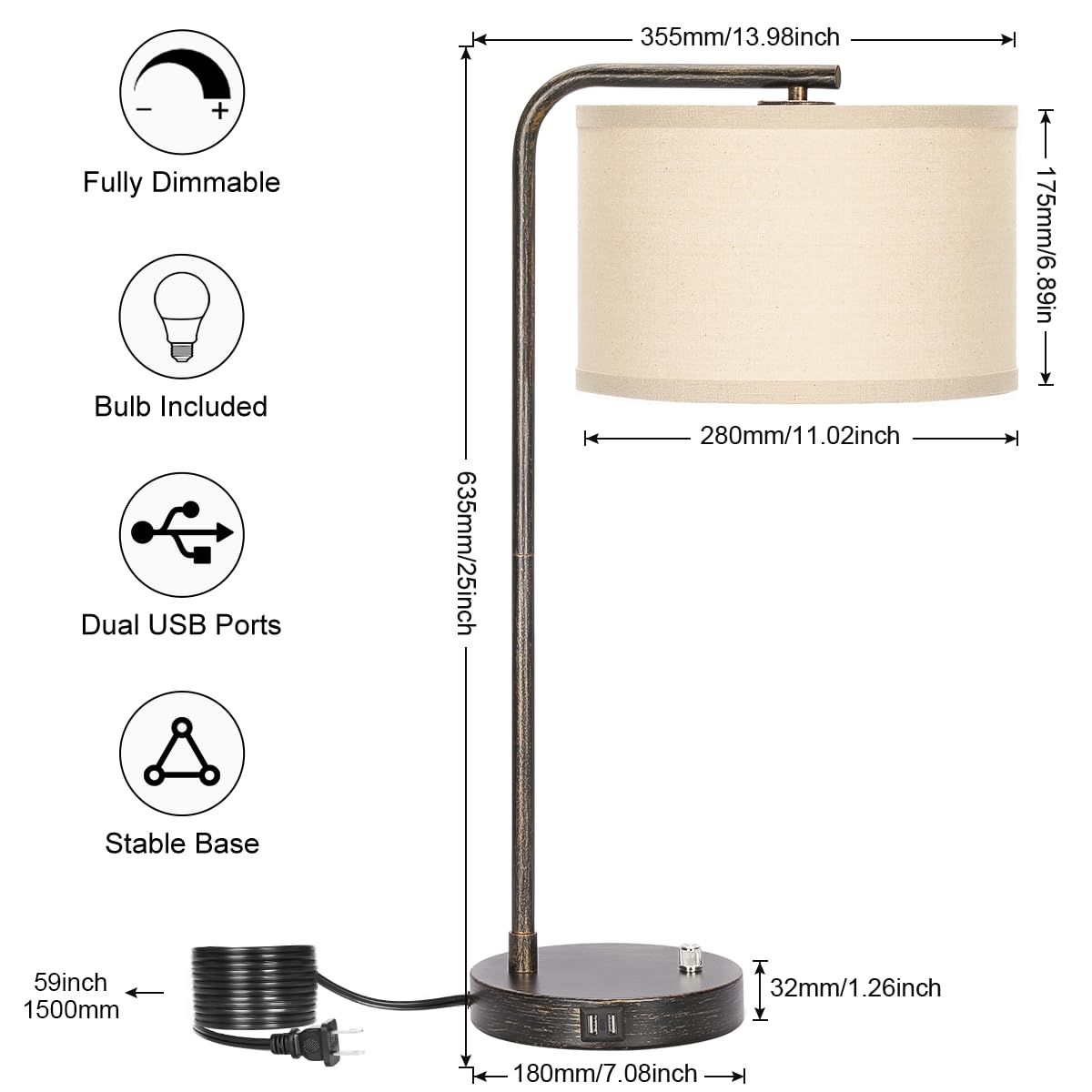 USB Bedside Lamp, Industrial Side Table Lamp with Dual USB Charging Ports, Fully Dimmable Nightstand Lamp, Tall Reading Lamp Desk Lamp for Bedroom, Living Room, Office, 9W LED Bulb Included