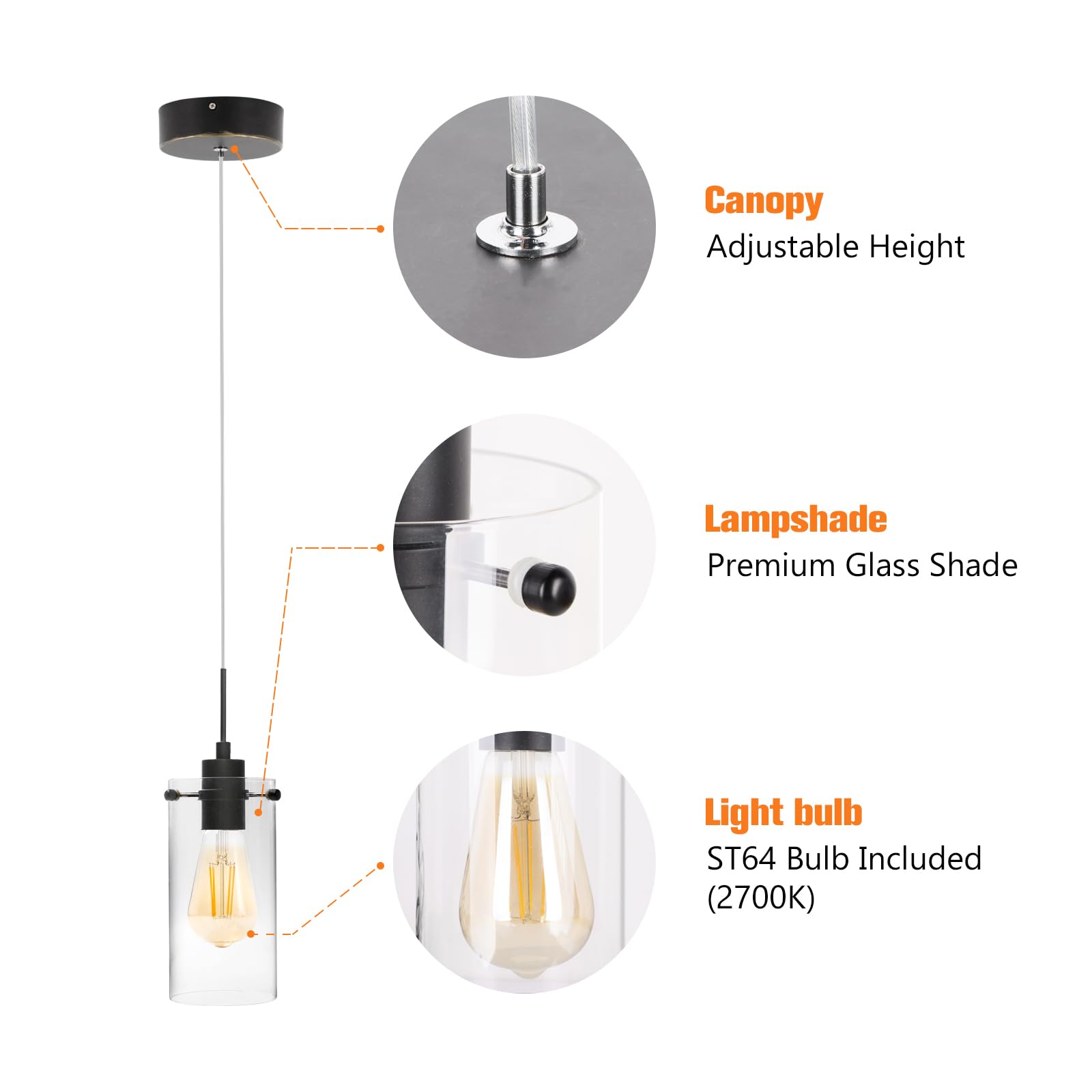 Pendant Lights Kitchen Island, 30W (5 x 6W) 5-Light Pendant Lighting Fixture with Clear Glass Shade, Adjustable Cord Ceiling Hanging Light Brushed Nickel Pendant Light Fixtures