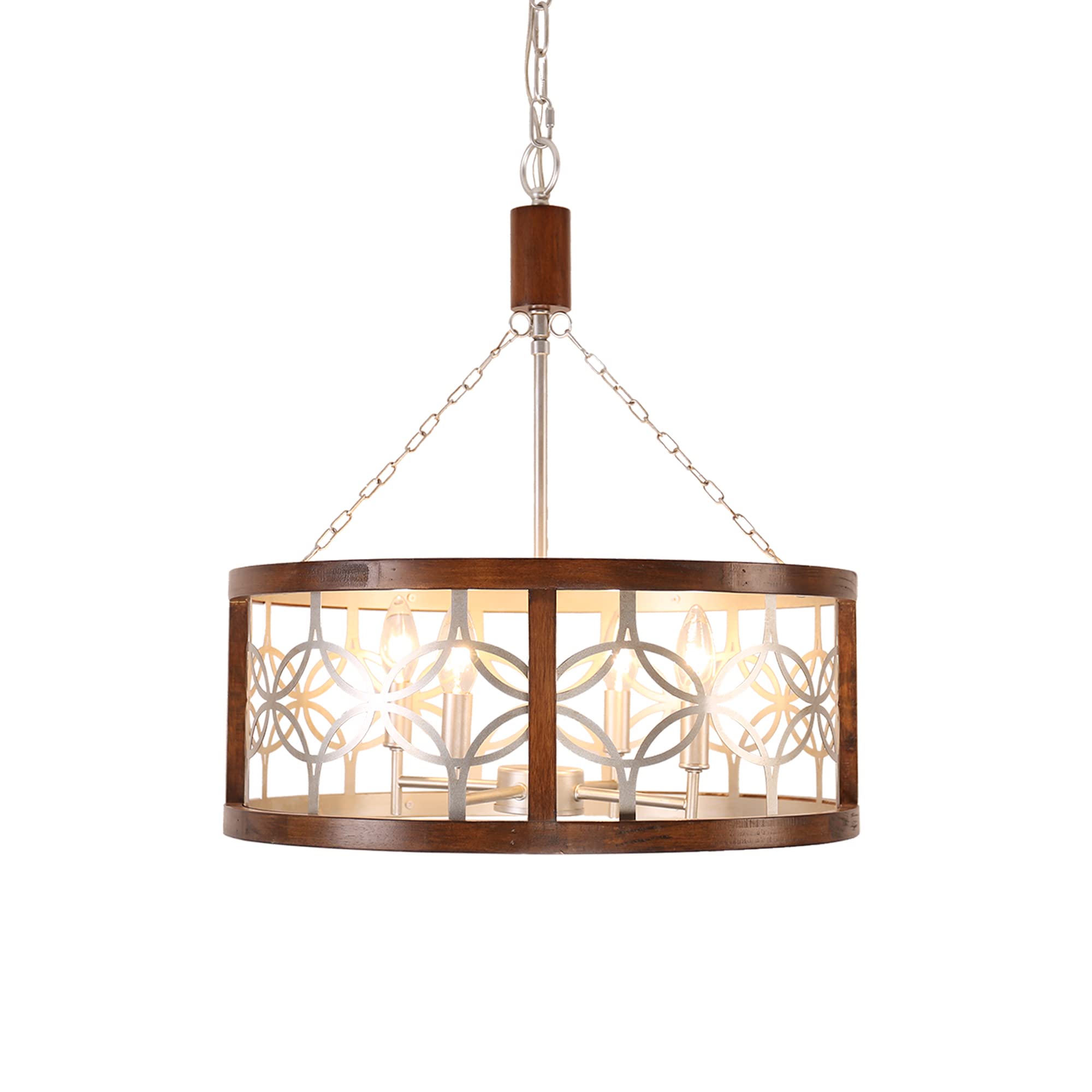 Rustic Farmhouse Chandelier, 4-Light Handmade Wood Pendant for Kitchen, Dining, Foyer, W19.7 x H21.6, Weathered Wood