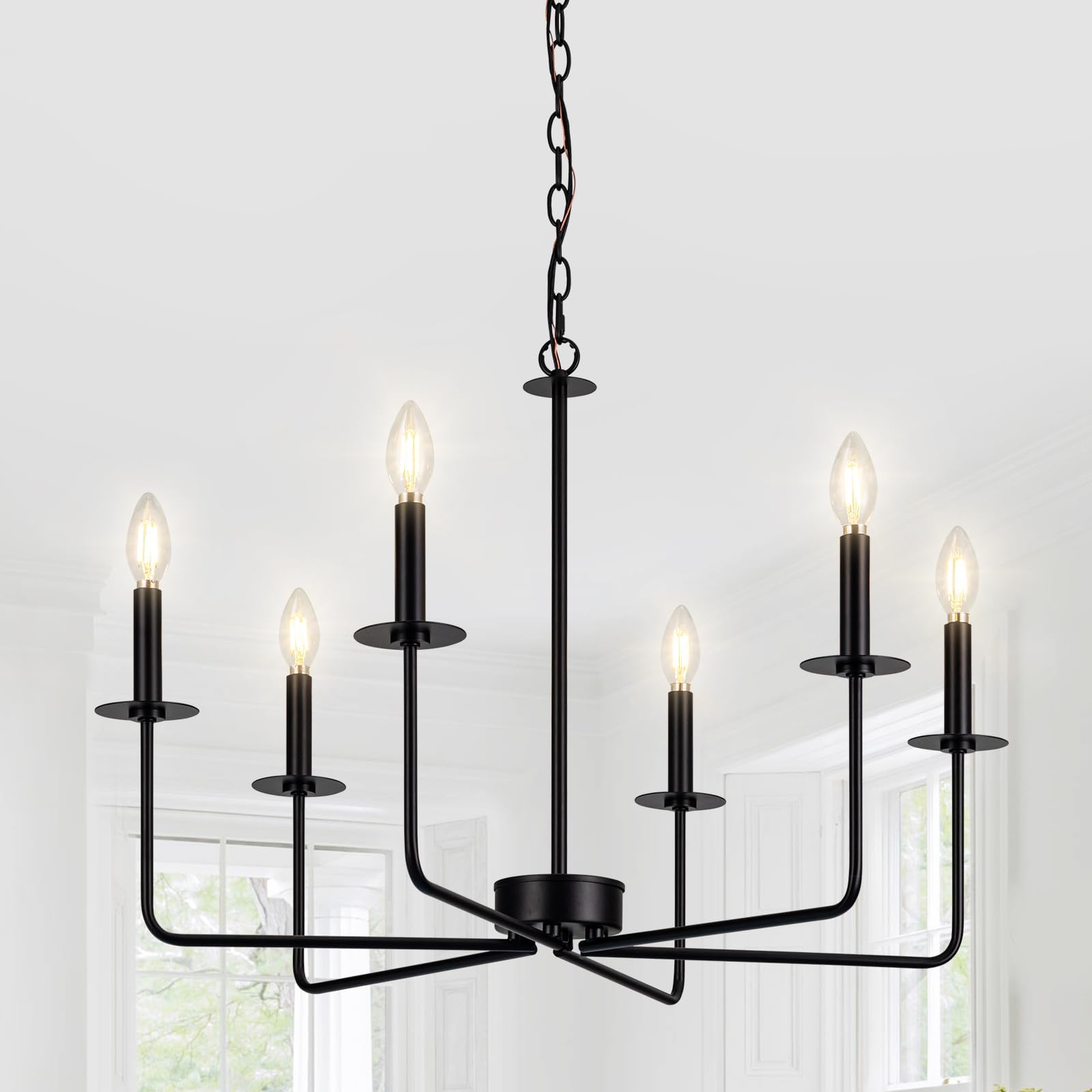 Modern Farmhouse Chandeliers for Dining Room, 6-Light Brushed Nickel Chandeliers, 28 Inch Dining Room Light Fixture Over Table, Adjustable Height