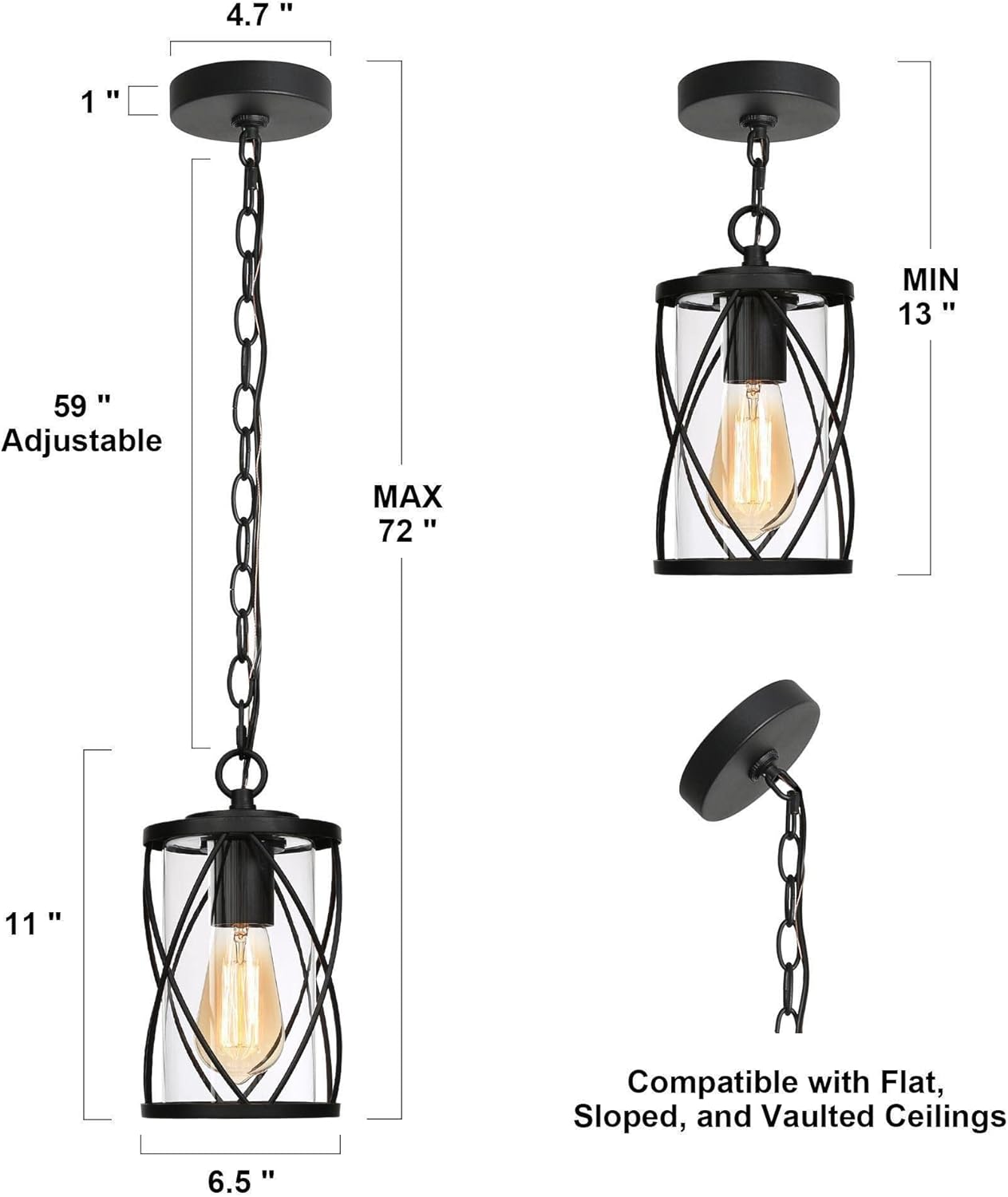 Outdoor Pendant Light for Porch, Black Outdoor Pendant Lights Farmhouse Exterior Hanging Light Fixture with Metal Cage Clear Glass Shade