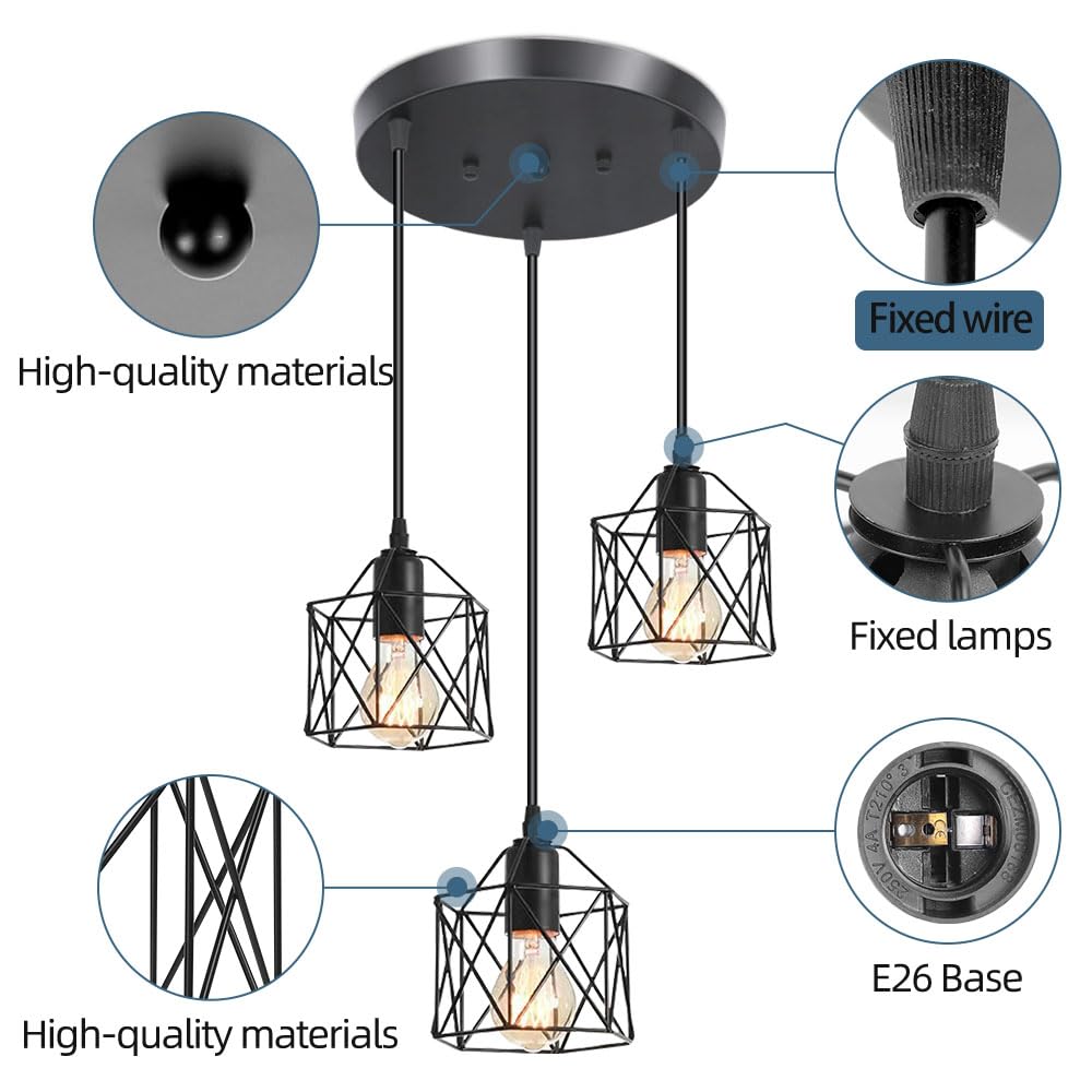 3-Light Hanging Pendant Light Fixtures, Farmhouse Kitchen Island Light Fixture, Industrial Hanging Pendant Lighting for Dining Room Bedroom Hallway, Black Metal Cage Pendant Lamp, E26 Base