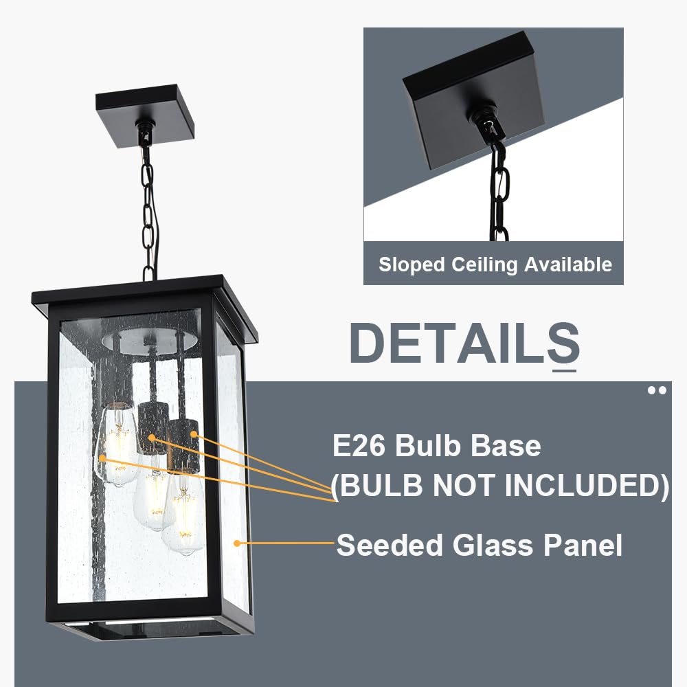 3-Lights Large Outdoor Pendant Light, Black Porch Ceiling Lighting Fixtures with Seeded Glass Panel, Exterior Hanging Lantern Adjustable Chain for Yard Entryway Patio