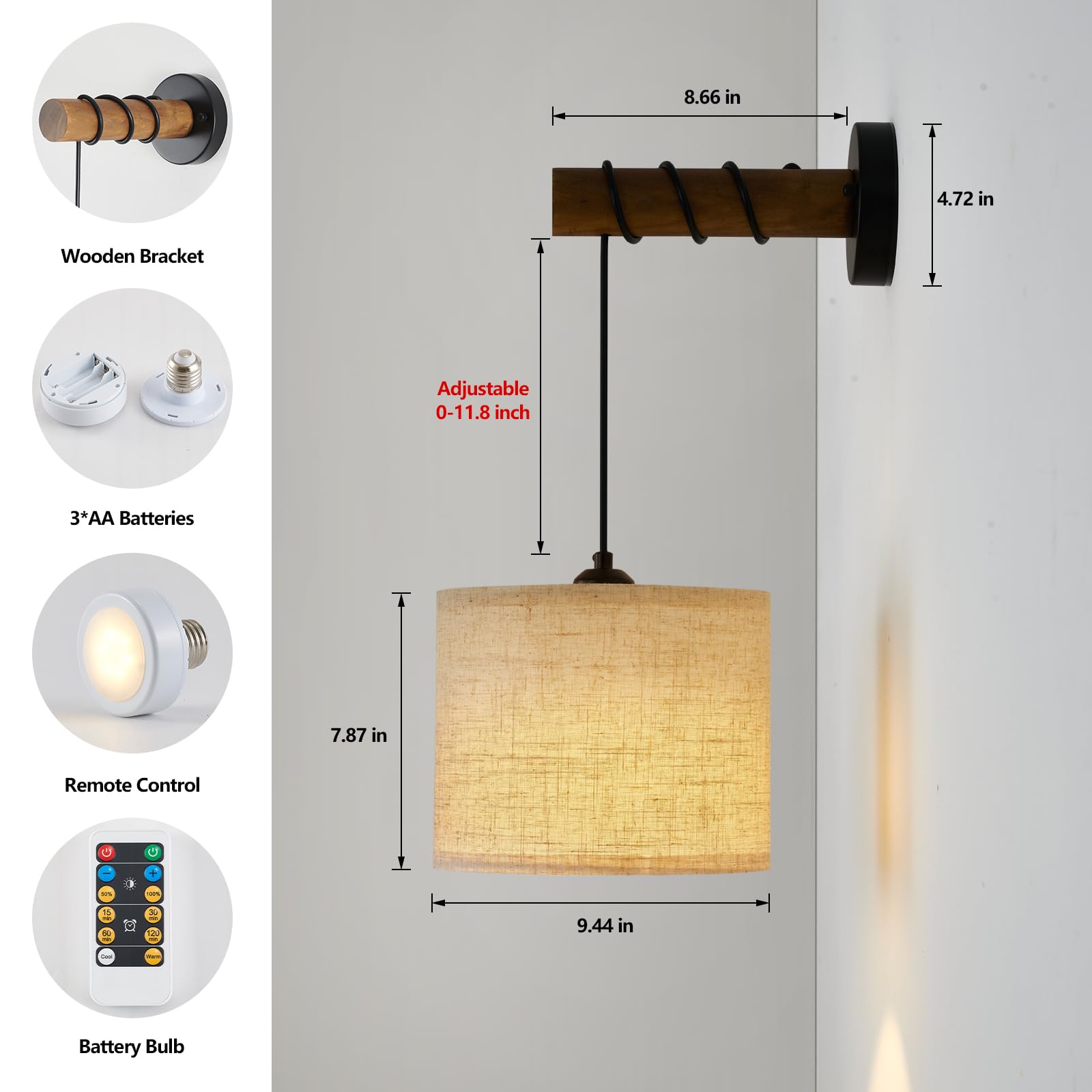 Wall Sconces Set of Two, Plug in Sconces Wall Lighting with Fabric Shade, Farmhouse Wall Lamps with Plug in Cord, Rustic Wall Lights with Wood Arm and On/Off Switch for Bedroom, Living Room