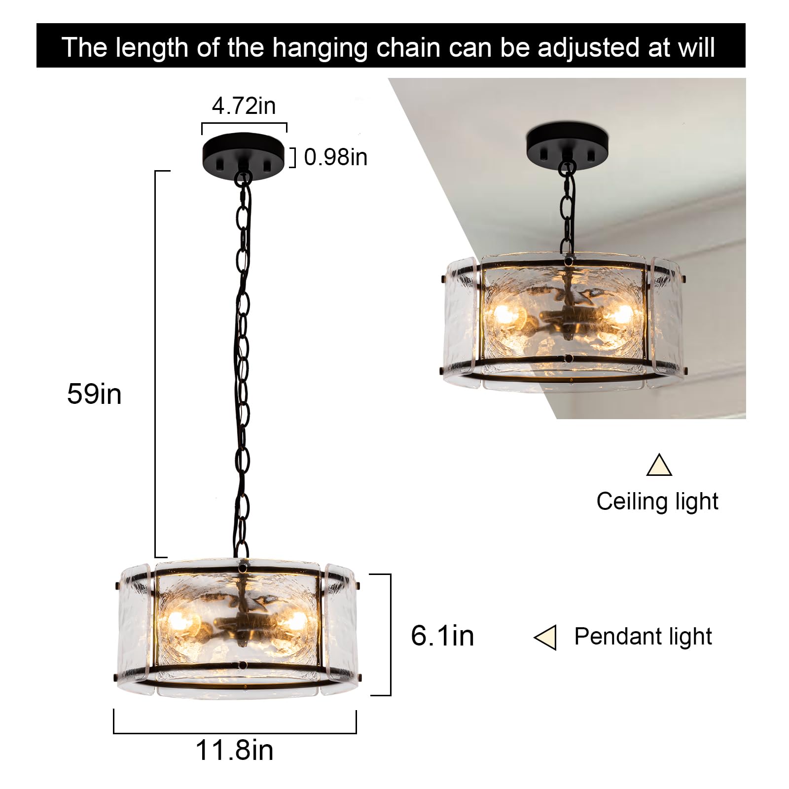 Black Glass Drum Chandeliers for Dining Room,20.47" Dining Room Light Fixtures Over Table,Hanging Pendant Light for Hight Ceiling,Foyer,Living Room,Entryway,Kitchen