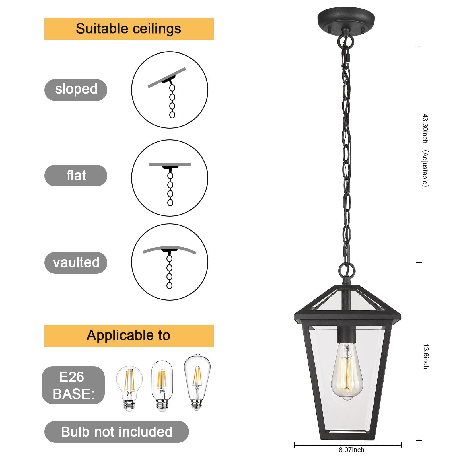 Outdoor Pendant Light for Porch, Exterior Hanging Lantern Outdoor Chandelier in Black Finish for Entryway, Doorway, Farmhouse, Foyer