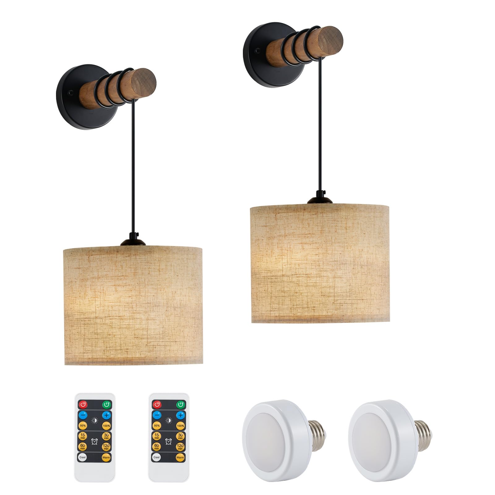 Wall Sconces Set of Two, Plug in Sconces Wall Lighting with Fabric Shade, Farmhouse Wall Lamps with Plug in Cord, Rustic Wall Lights with Wood Arm and On/Off Switch for Bedroom, Living Room