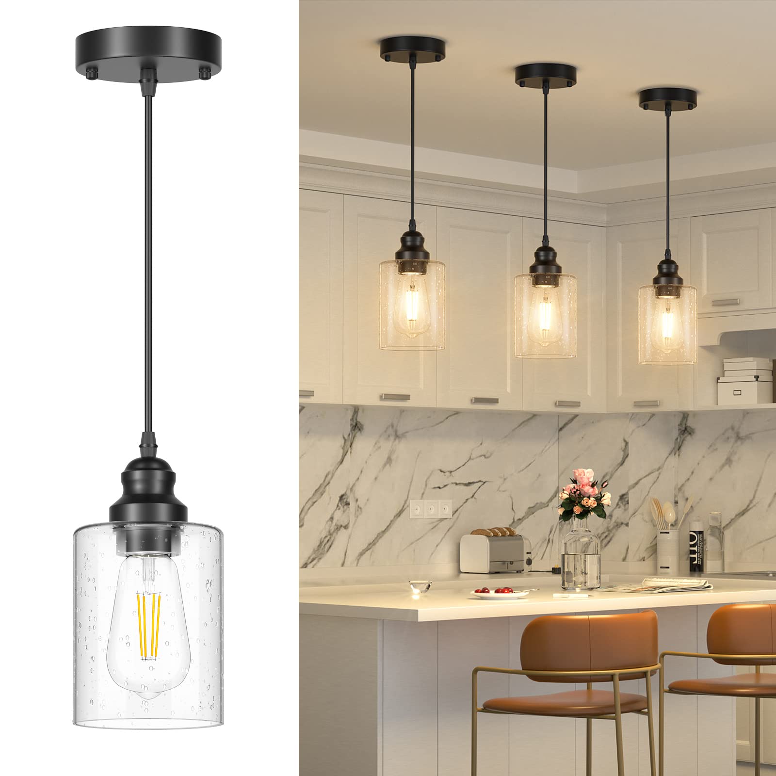 3-Pack Pendant Light Fixtures, Modern Black Seeded Glass Pendant Lighting Kitchen Island, Adjustable Hanging Ceiling Light Fixtures for Dining Room Living Room Bedroom