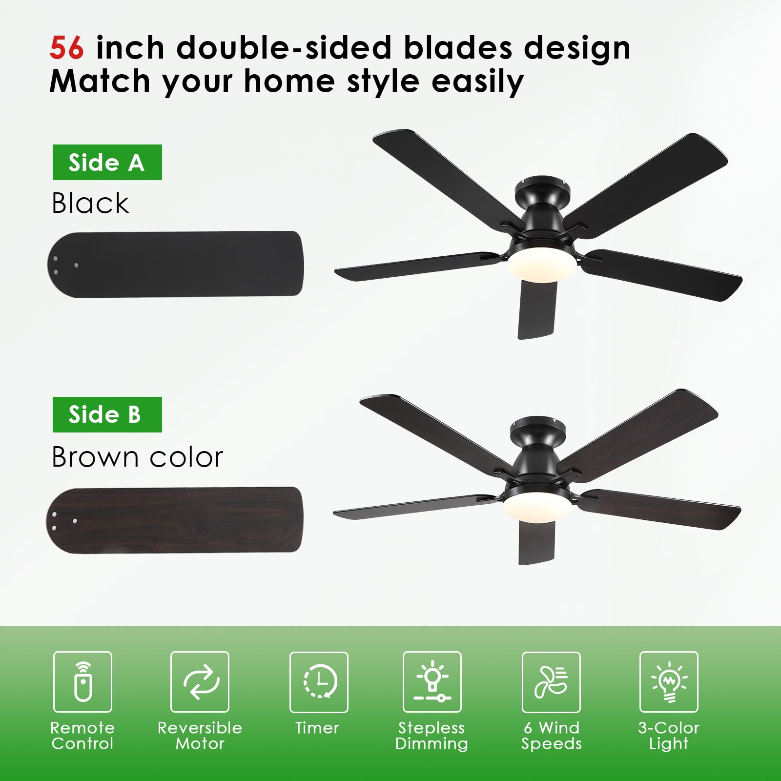 Ceiling Fans with Lights- 46"Low Profile Indoor Ceiling Fan with Light and Remote/APP Control, Flush Mount, LED Dimmable DC Reversible Modern Ceiling Fan for Bedroom（Black）