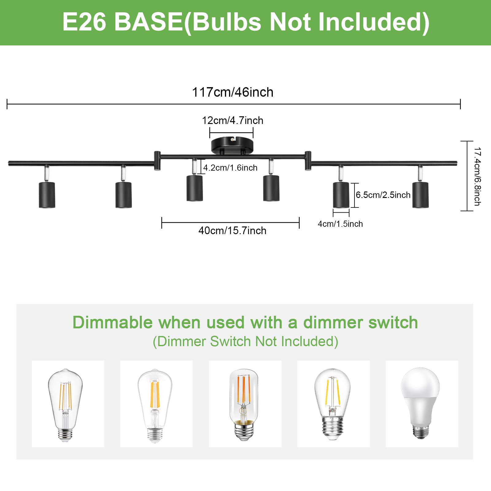 6-Light Black Track Lighting Fixtures for Ceiling, 6 Way LED Track Light Kit with Adjustable Light Heads & GU10 Socket, Adjustable Ceiling Spot Lighting for Kitchen, Dining Room, Bar, Office