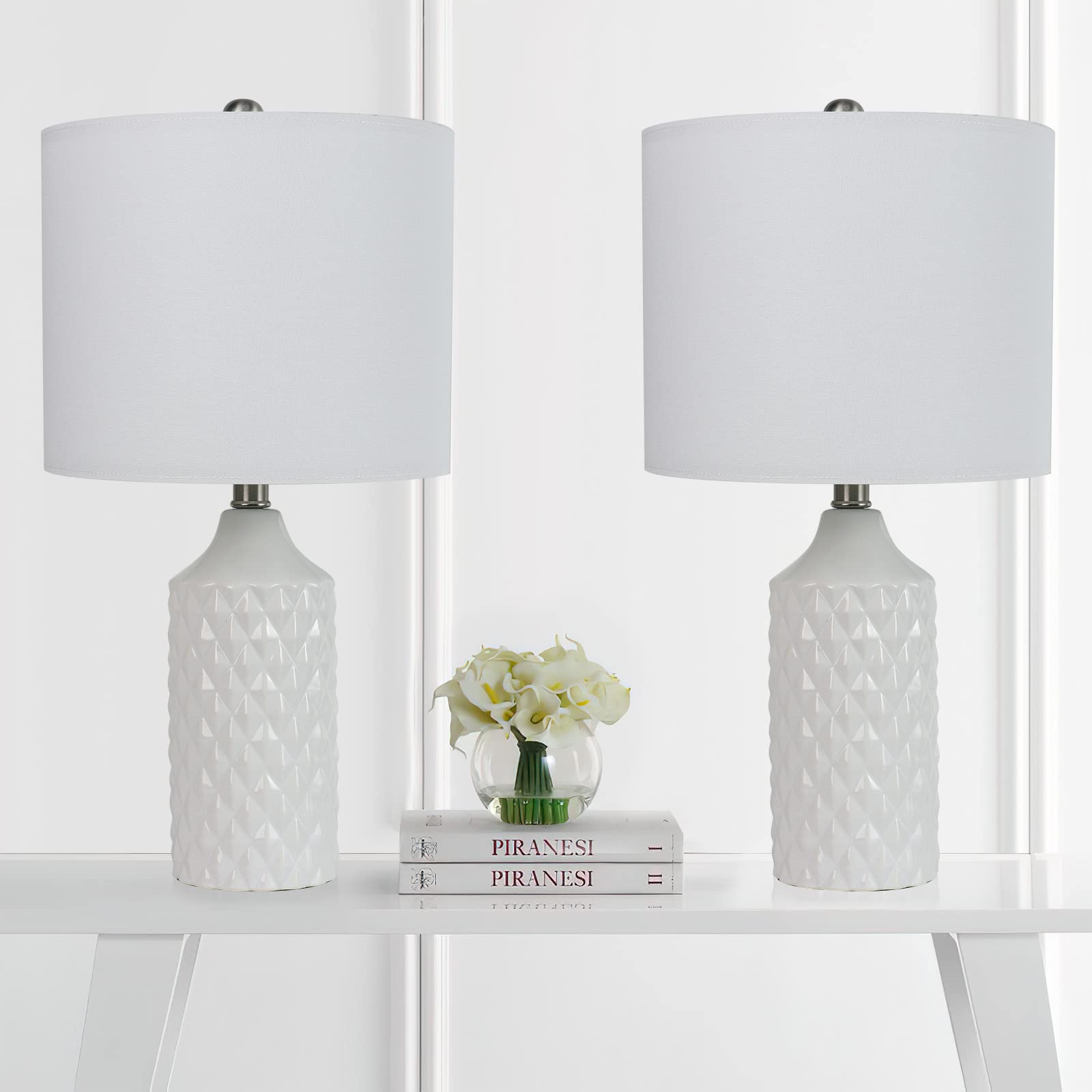 Ceramic Table Lamps Set of 2, White Modern Bedside Lamp 25" Nightstand Lamp 3-Way Dimmable Lamp for Bedroom Living Room End Table Lamp Farmhouse Lamp Side Table Lamp, Bulbs Included