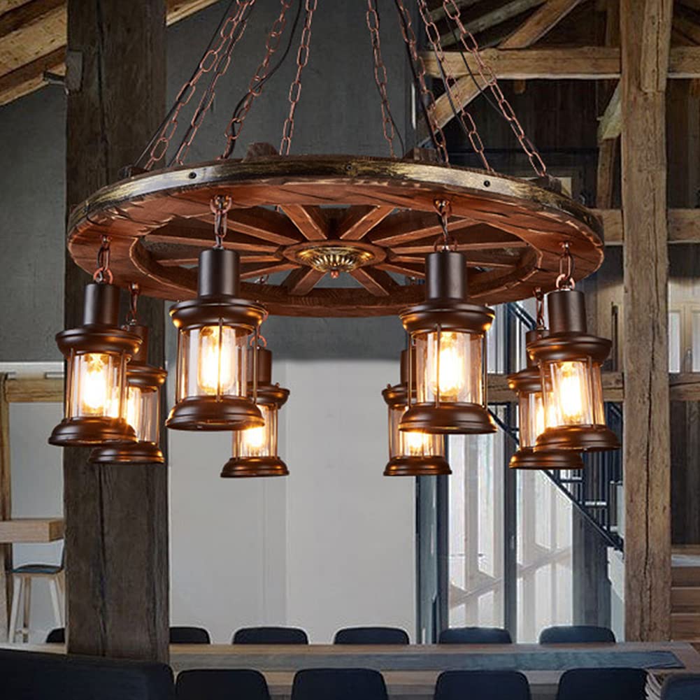 8 Lights Industrial Retro Wooden Chandelier Pendant Light Island Hanging Ceiling Fixture Vintage Farmhouse Wood Light Adjustable Chain for Home Cafe Bar Restaurant (39.4")