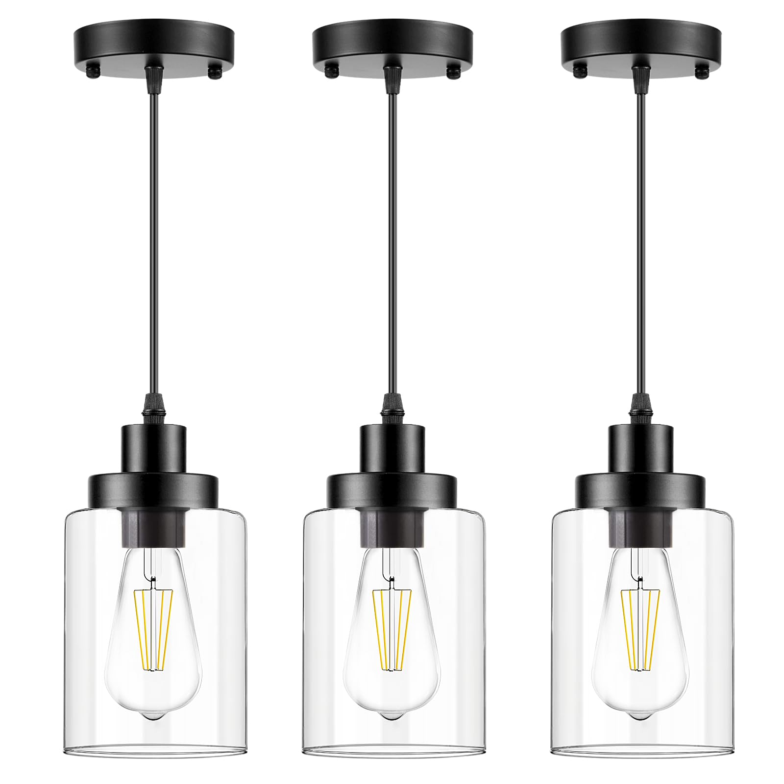 Industrial Pendant Lighting, Modern Clear Glass Shade Farmhouse Adjustable Hanging Light Fixtures for Kitchen Island Living Room Bedroom Hallway, 3-Pack