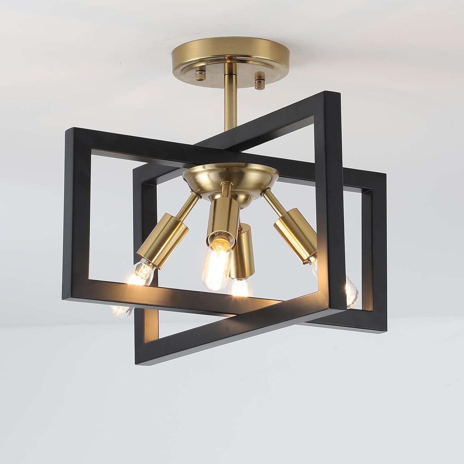 Semi-Flush Mount Ceiling Light - Modern Industrial Light Fixture Black and Gold,4-Light Candelabra Lighting Ceiling Lamp for Kitchen Foyer Entryway Hallway Bedroom Closet