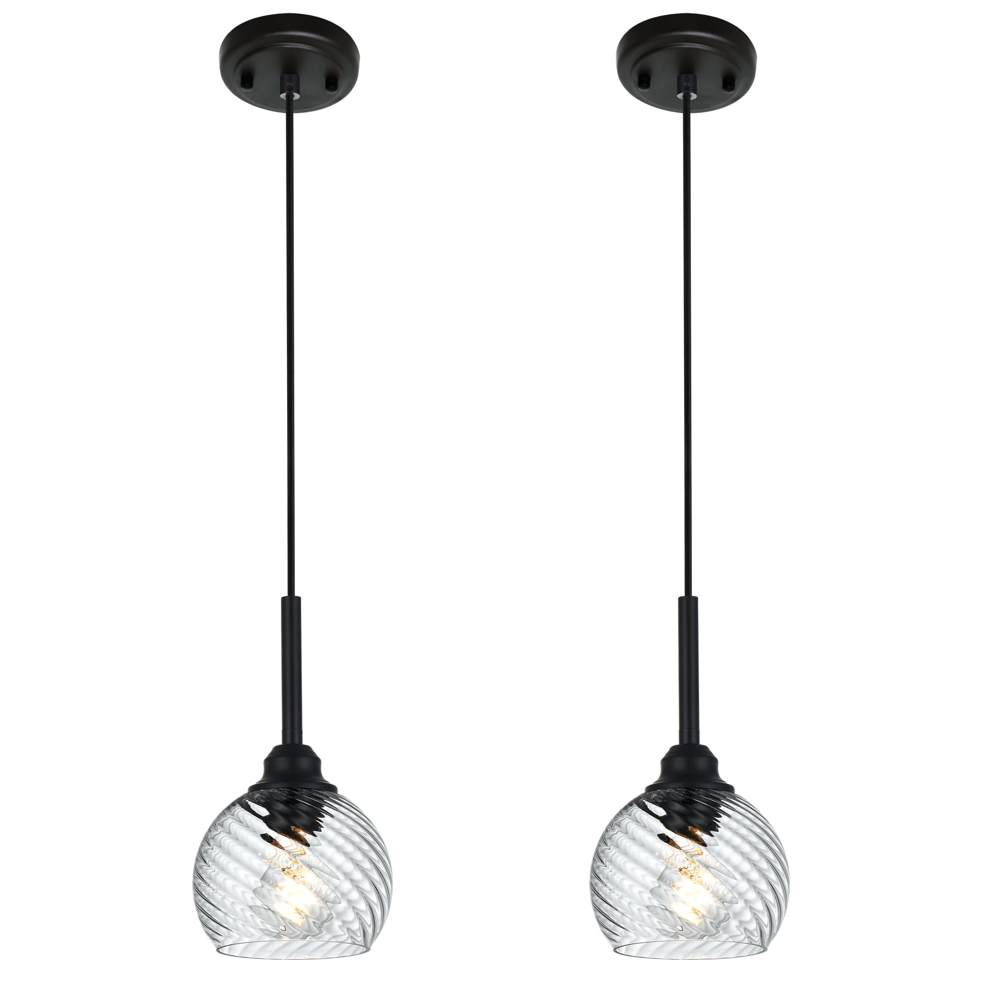 3 Light Island Lights for Kitchen with Striped Swirl Globe Glass, Black Linear Hanging Pendant Light Fixture Farmhouse Chandelier for Dining Room Bar Living Room