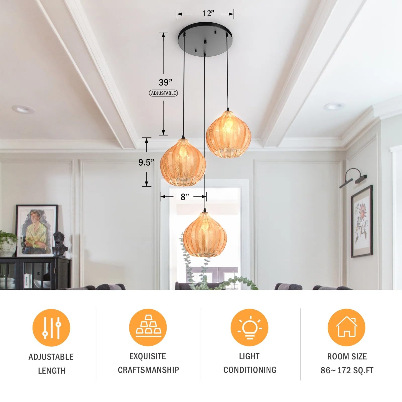 Modern 3 Lights Glass Pendant Light Smoky Gray Glass Globe Cluster Chandelier Lighting Fixtures Black Adjustable Kitchen Island Hanging Pendant Lighting Nordic Multi Lights Pendant Lamp