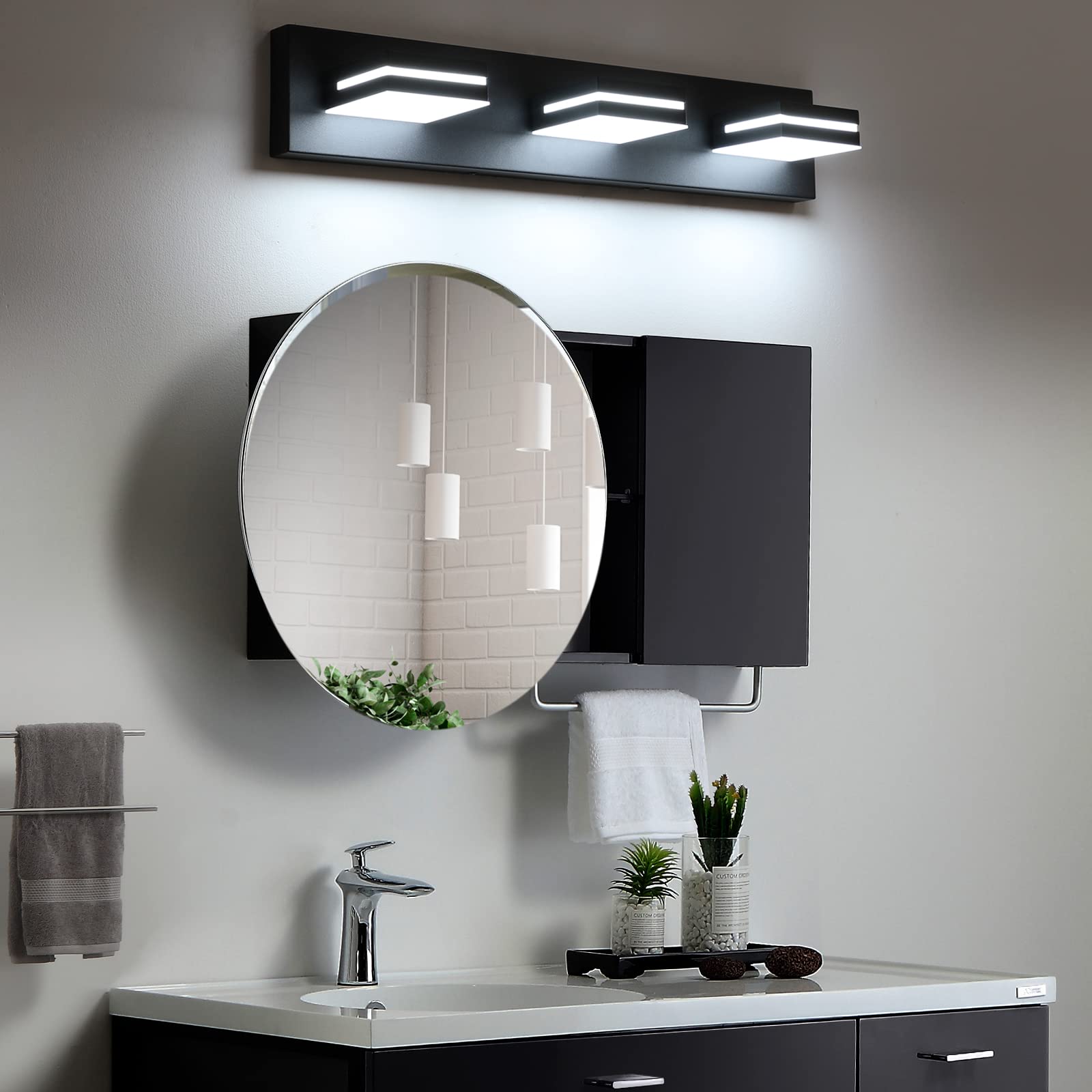 LED Modern Bathroom Vanity Light Fixtures (3-Light, 24-Inch), Matte Black Modern Acrylic Bathroom Wall Lighting Fixtures Over Mirror (Cool White 6000K)