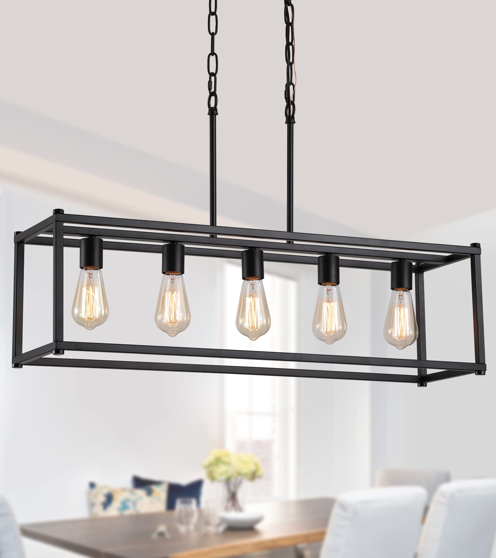 AMZASA Black Rectangle Kitchen Island Lights Rectangular Modern Industrial Chandelier for Dining Room 5 Lights Linear Vintage Cage Light Fixtures UL Listed